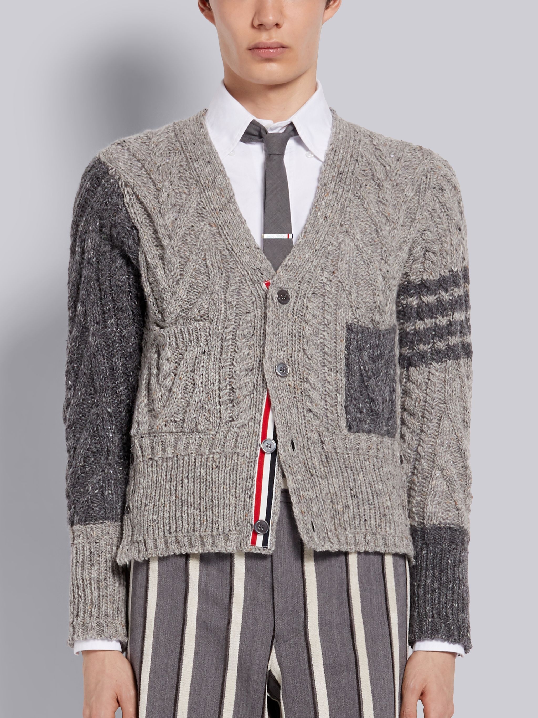 Medium Grey Fun-Mix Wool Mohair Tweed Aran Cable Classic 4-Bar V-Neck Cardigan - 1