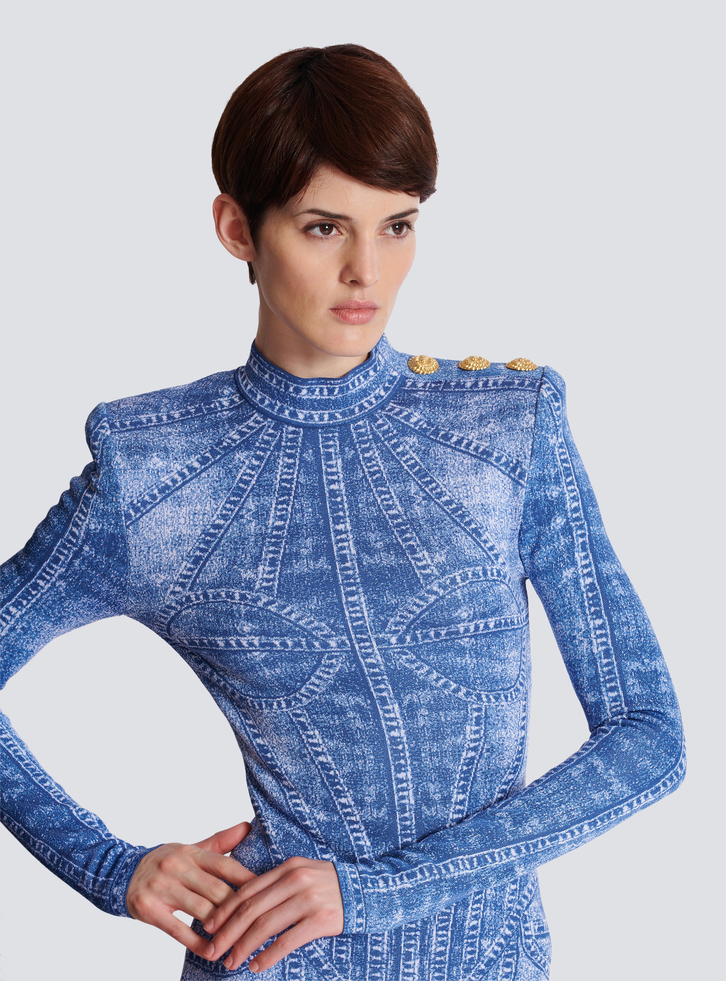 Short jacquard knit dress with denim effect - 7