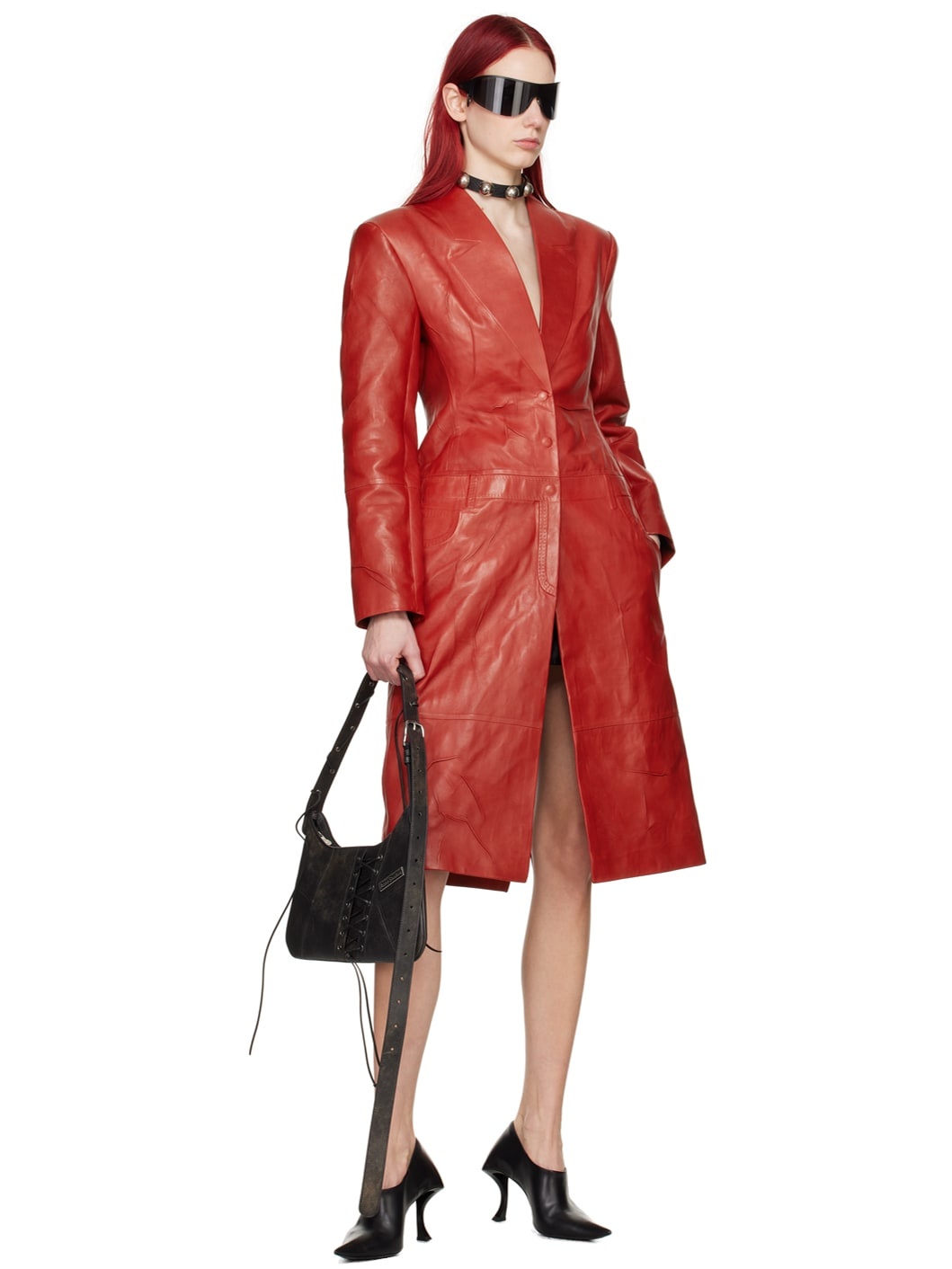 Red Pinched Seams Leather Coat - 4
