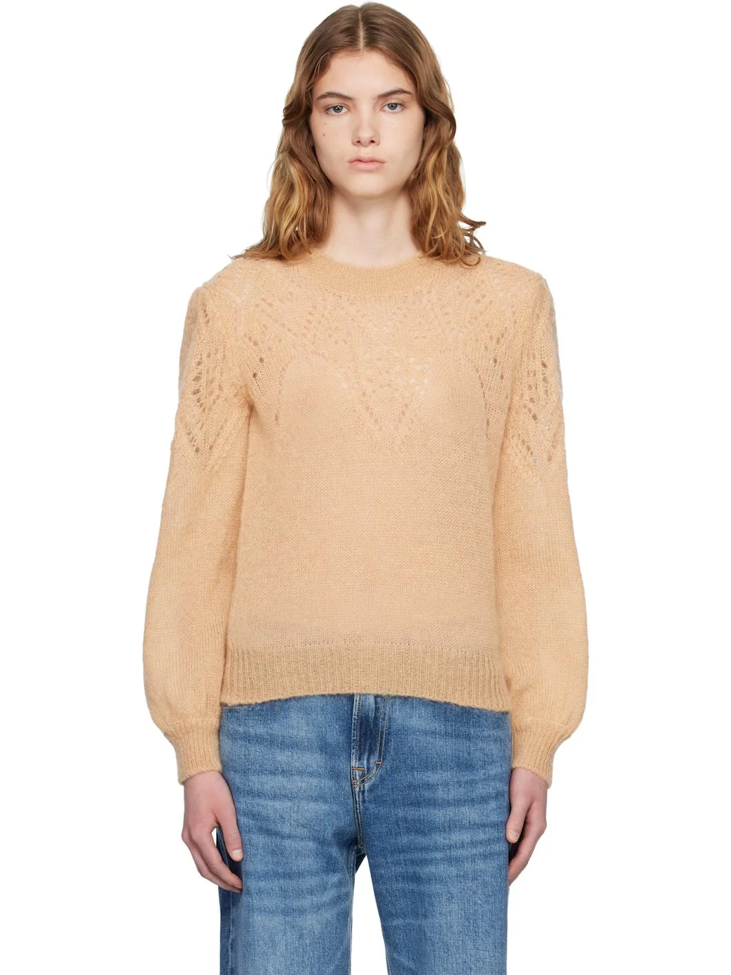 Tan Jenia Openwork Mohair Knit Sweater - 1