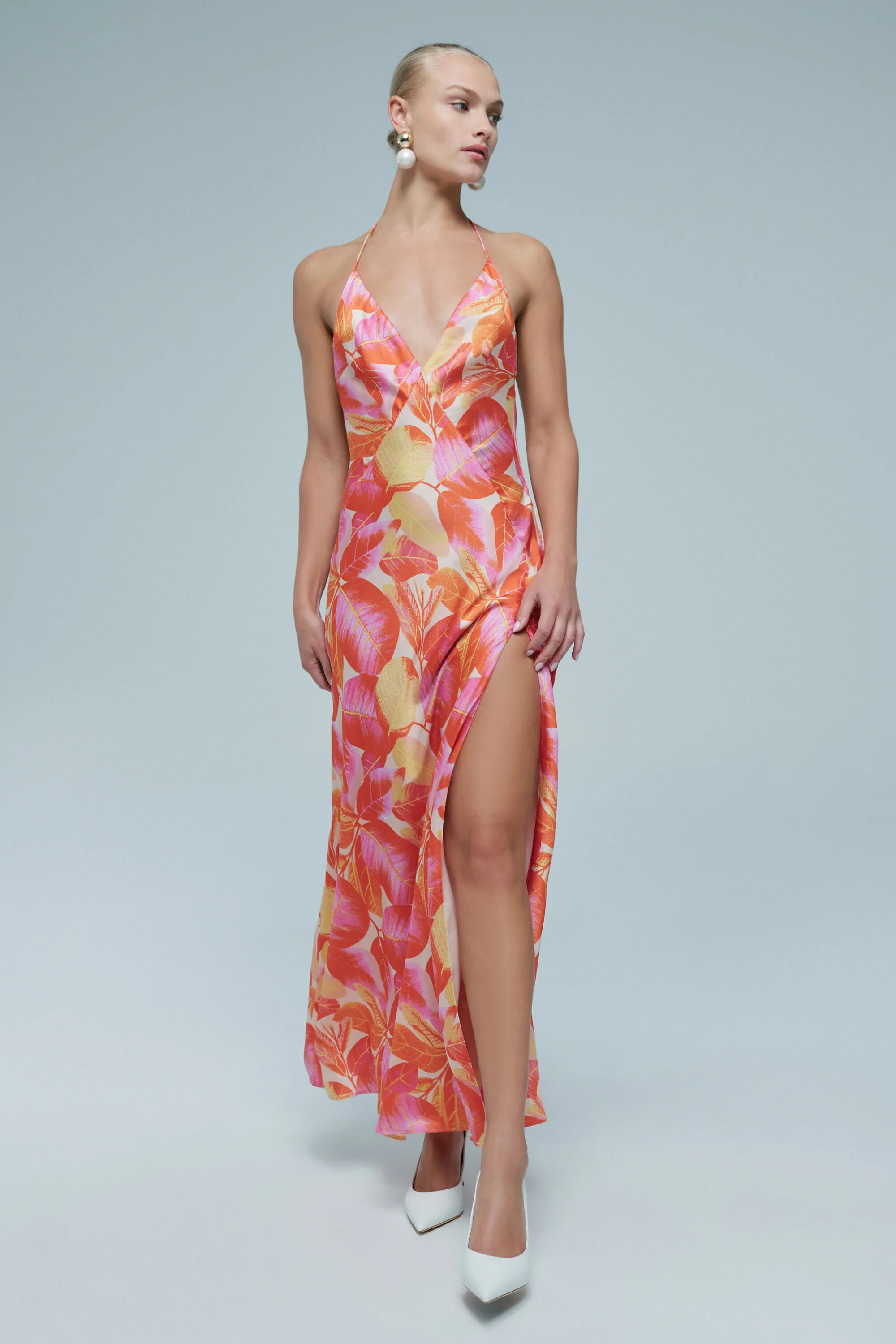 Yve Halter Printed Maxi Dress In Hot Pink Floral - 1