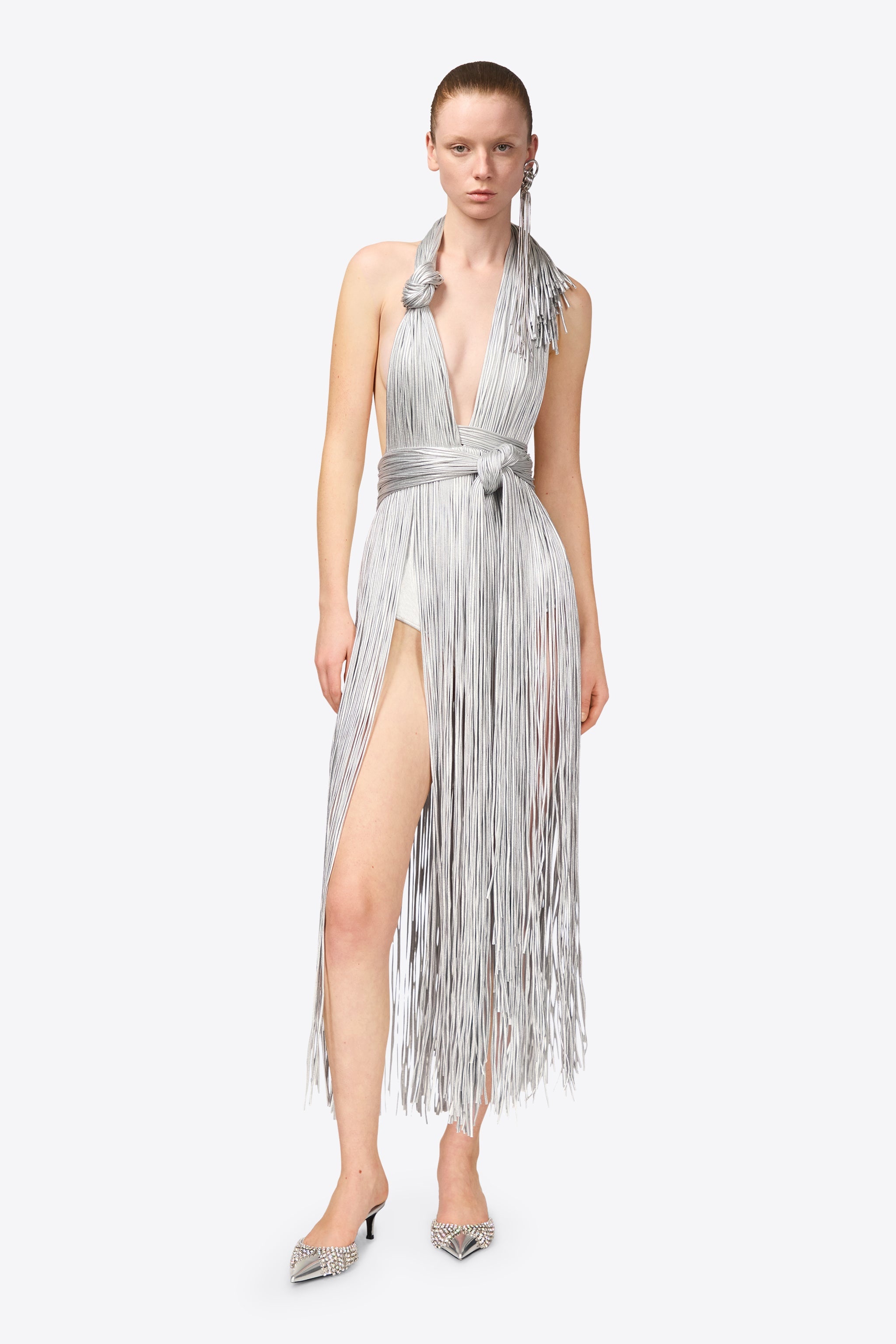 METALLIC FRINGE HALTER MIDI DRESS - 4