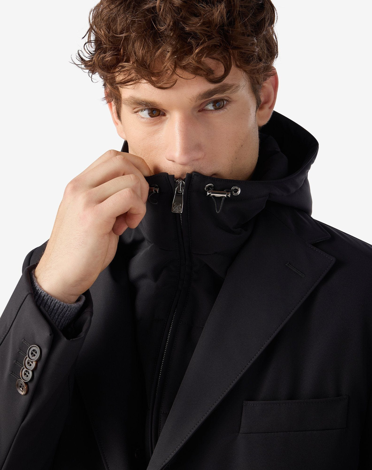 Black stretch technical fabric coat with detachable vest - 4