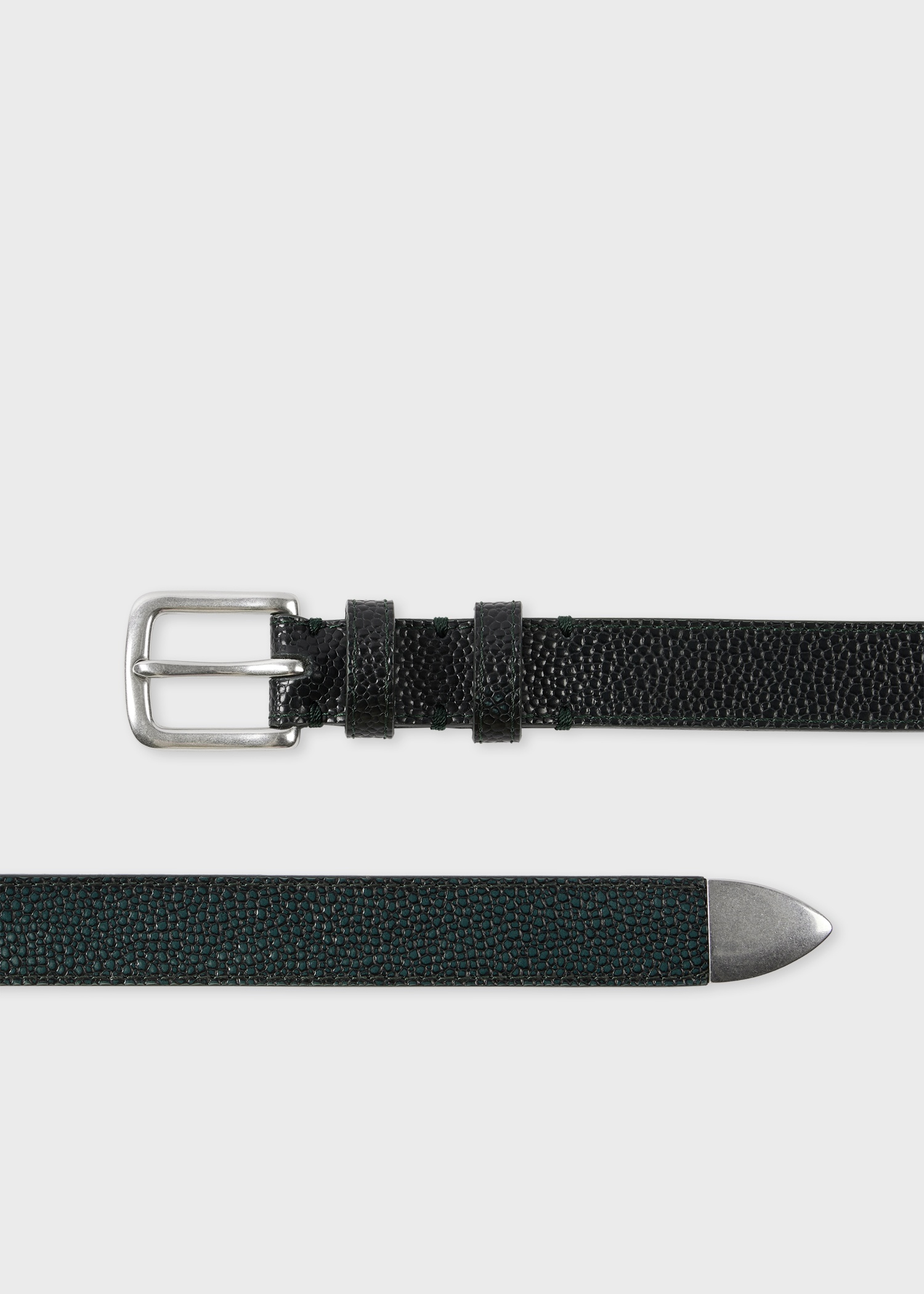 Dark Green Grained Leather Silver Tip Belt - 1