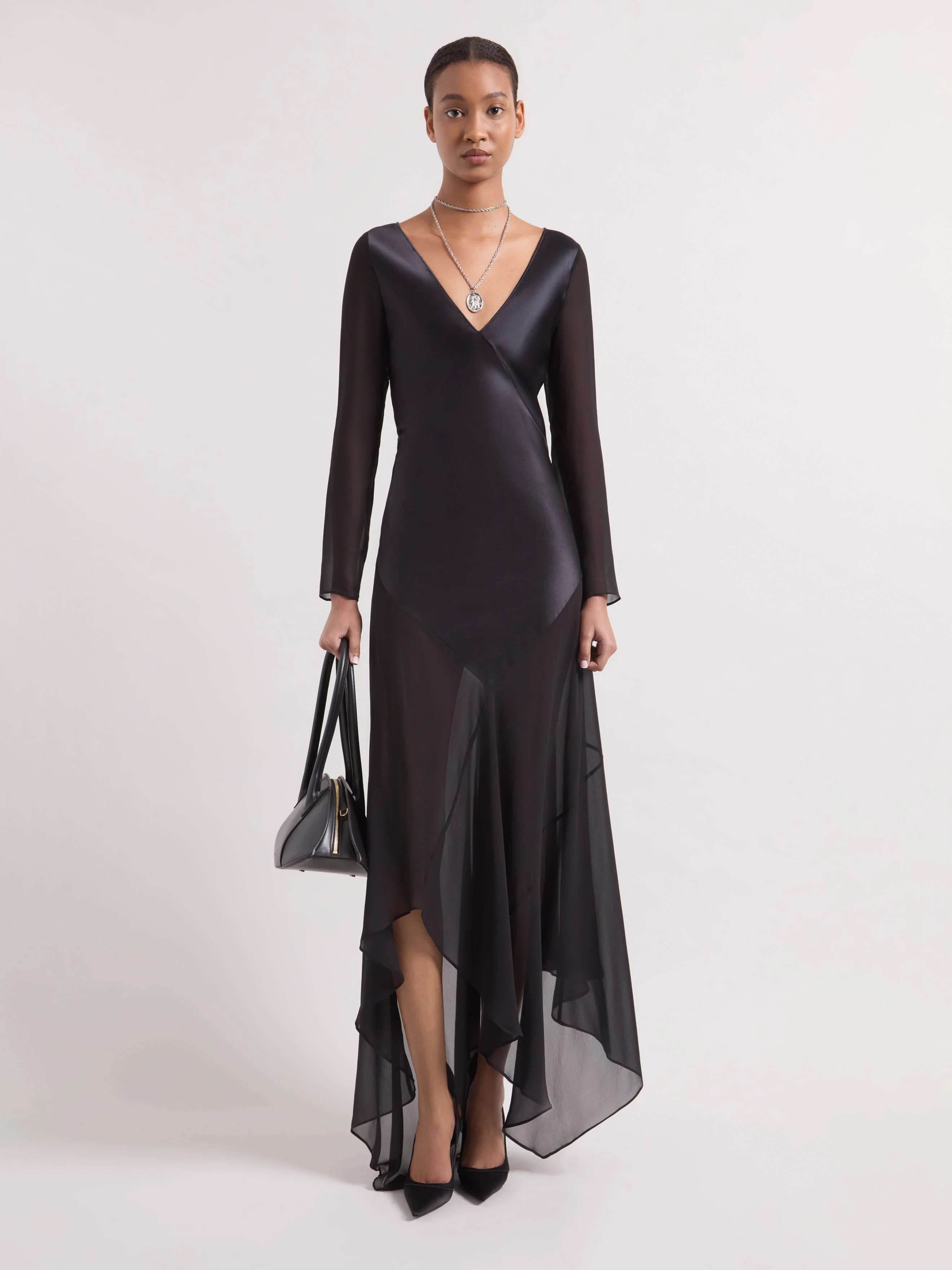 Black Long Sleeved Maxi Silk Dress - 1