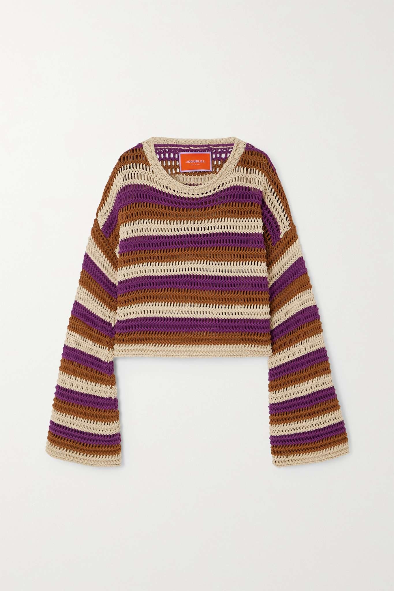 Cropped striped crocheted cotton-blend sweater - 1