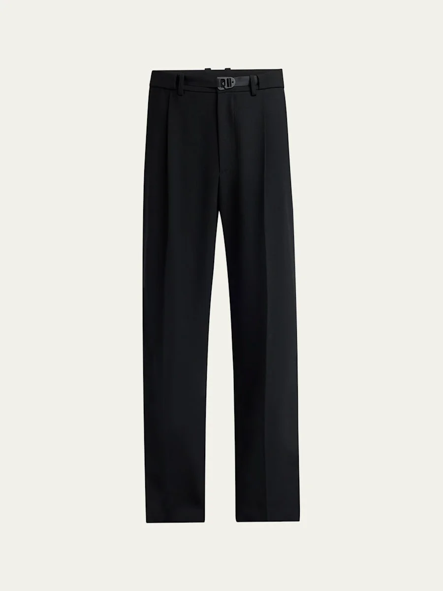 Men's Matte Black Belted Twill Trousers - 1