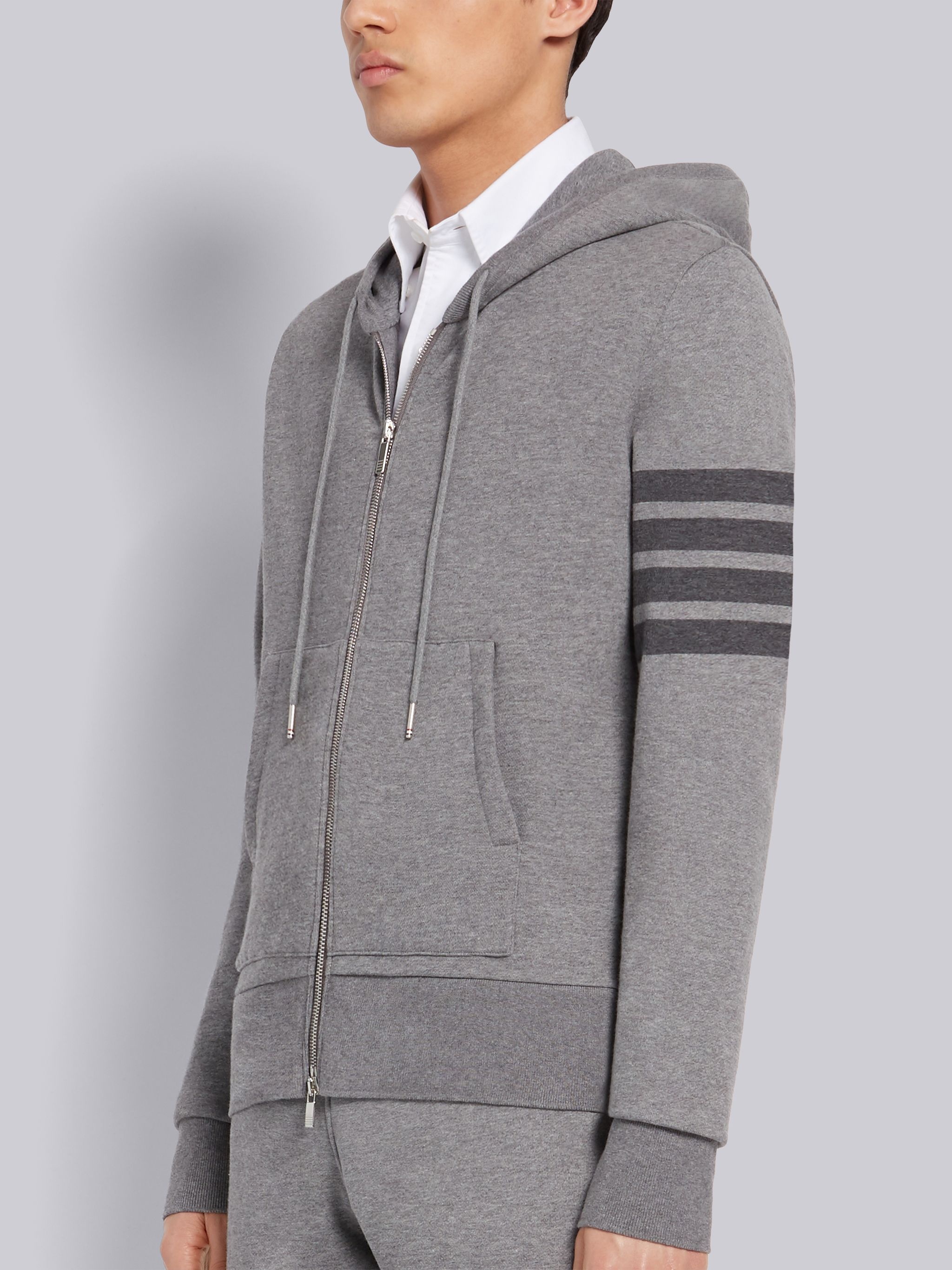 Medium Grey Cotton Loopback Relaxed Fit Tonal 4-Bar Zip-up Hoodie - 2