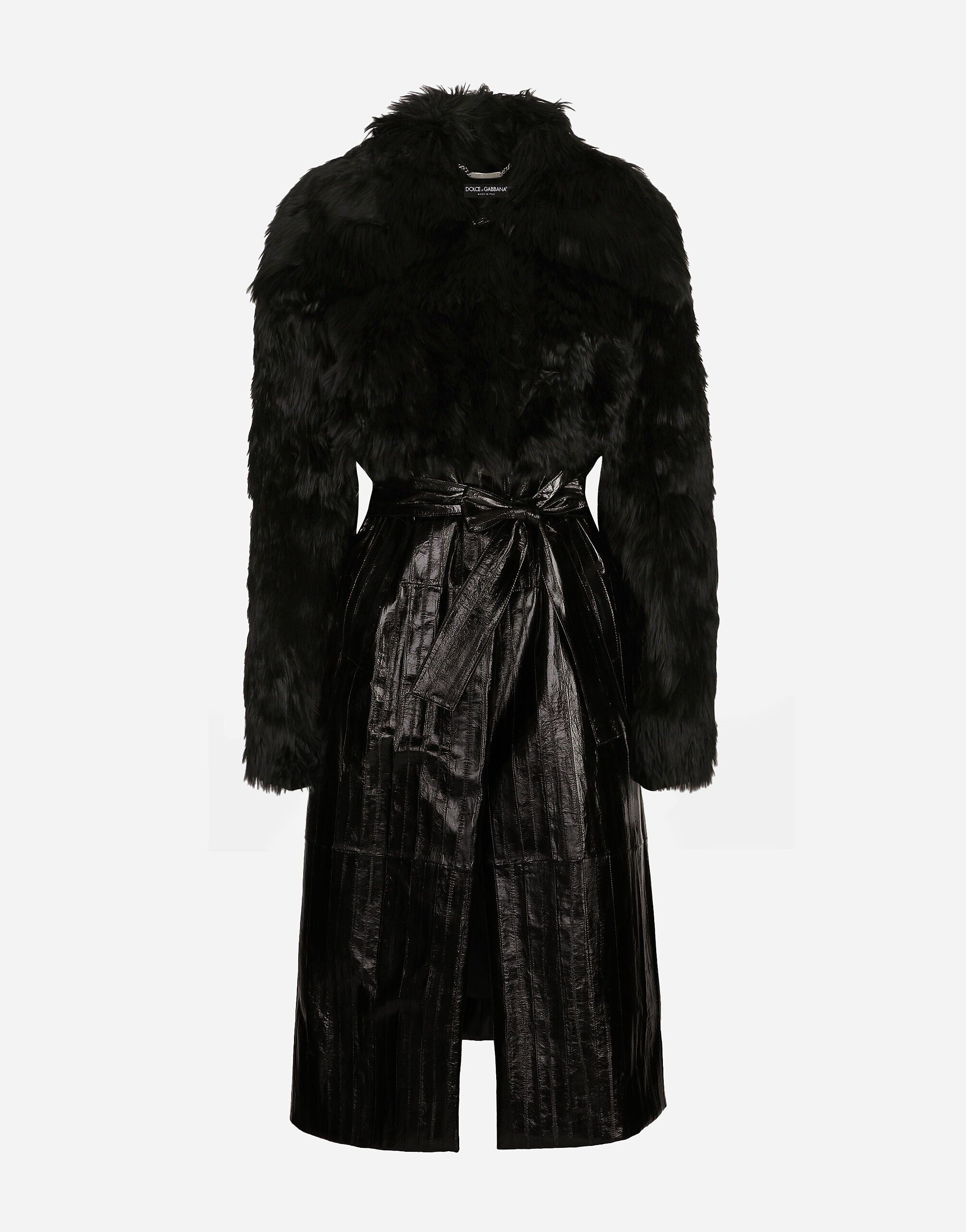 Alpaca and eel skin single-breasted coat with belt - 1
