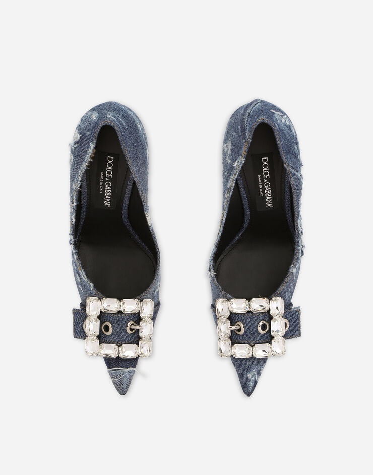 Patchwork denim pumps with rhinestone buckle - 4