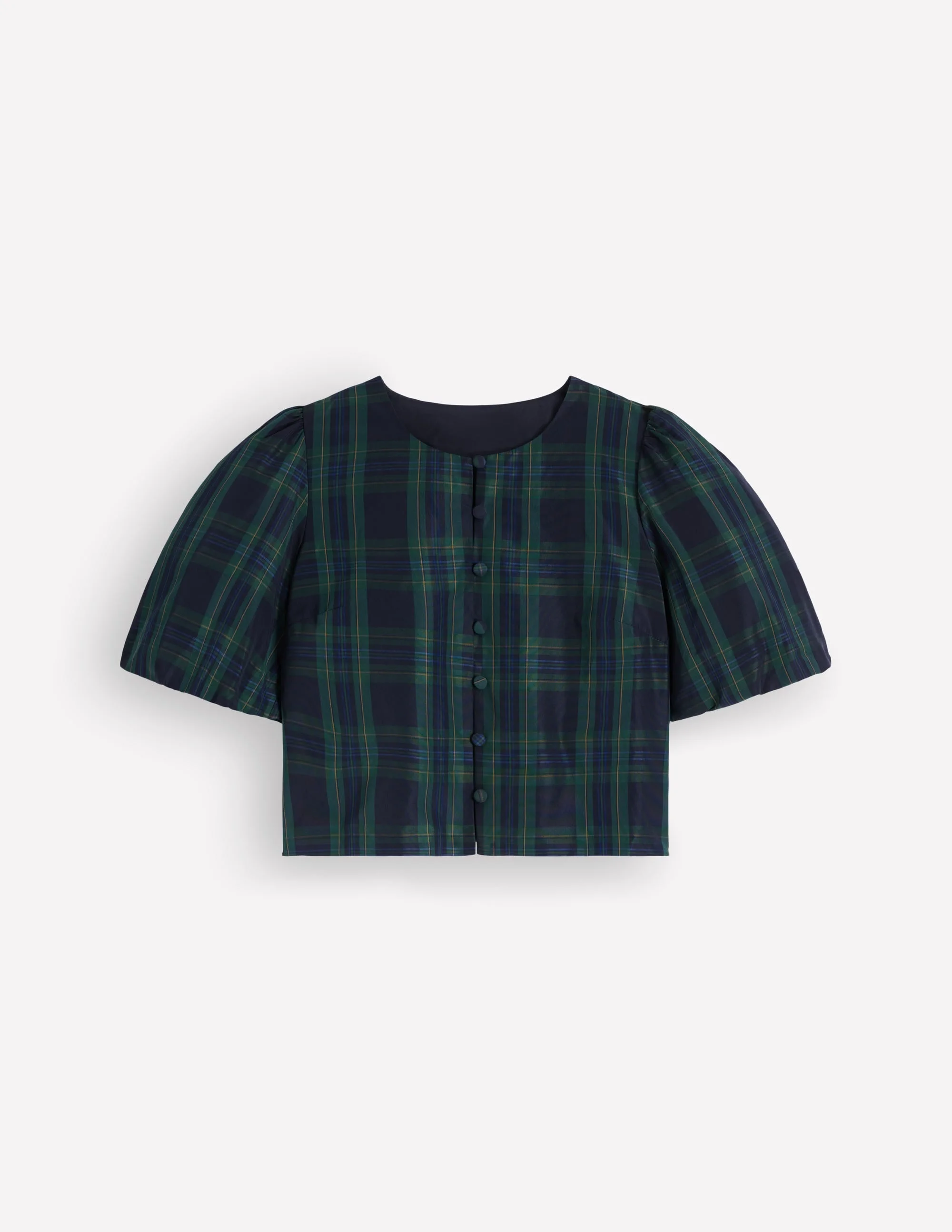 Puff Sleeve Taffeta Top-Navy, Green, Blue Tonal Check - 1