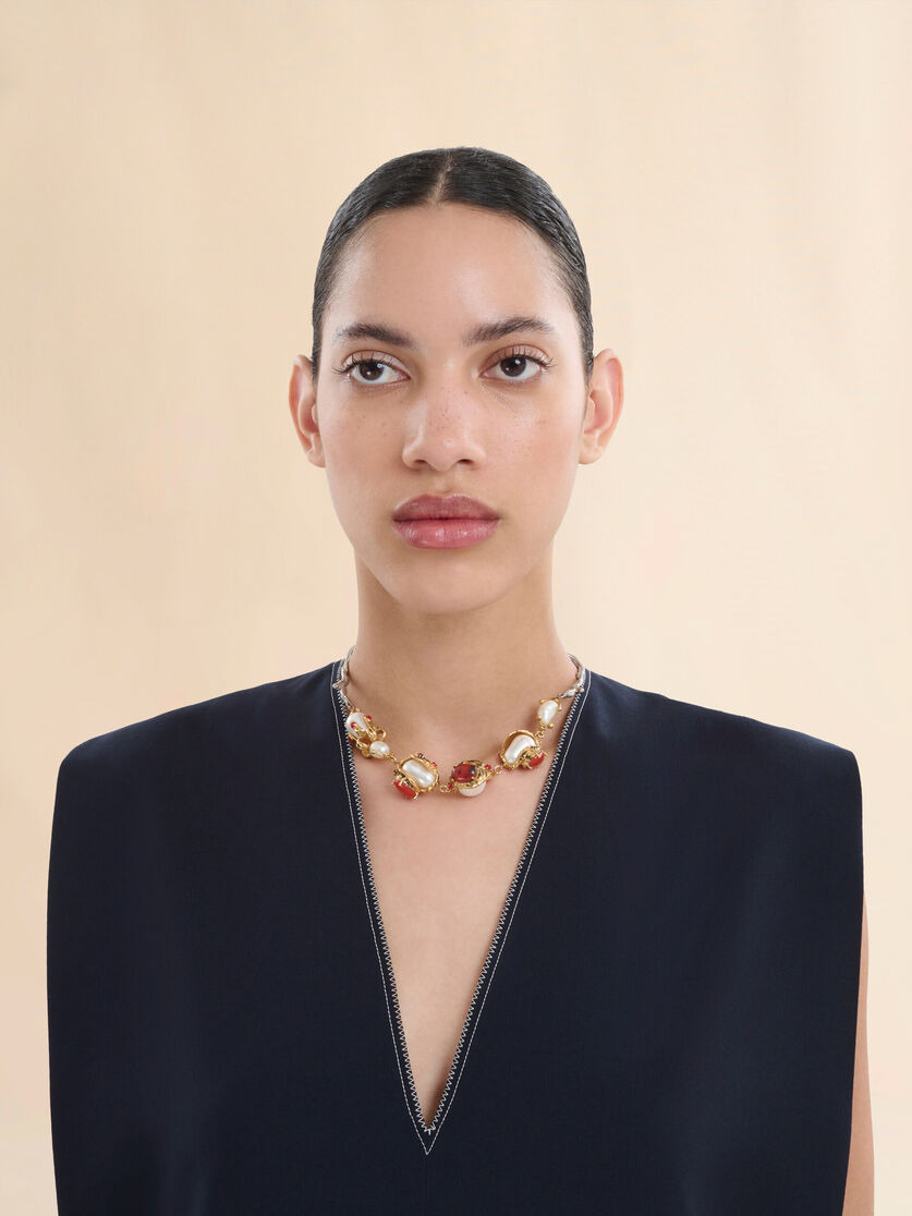 GOLD AND PALLADIUM BRANCH NECKLACE WITH ENCASED PEARL CHARMS - 2