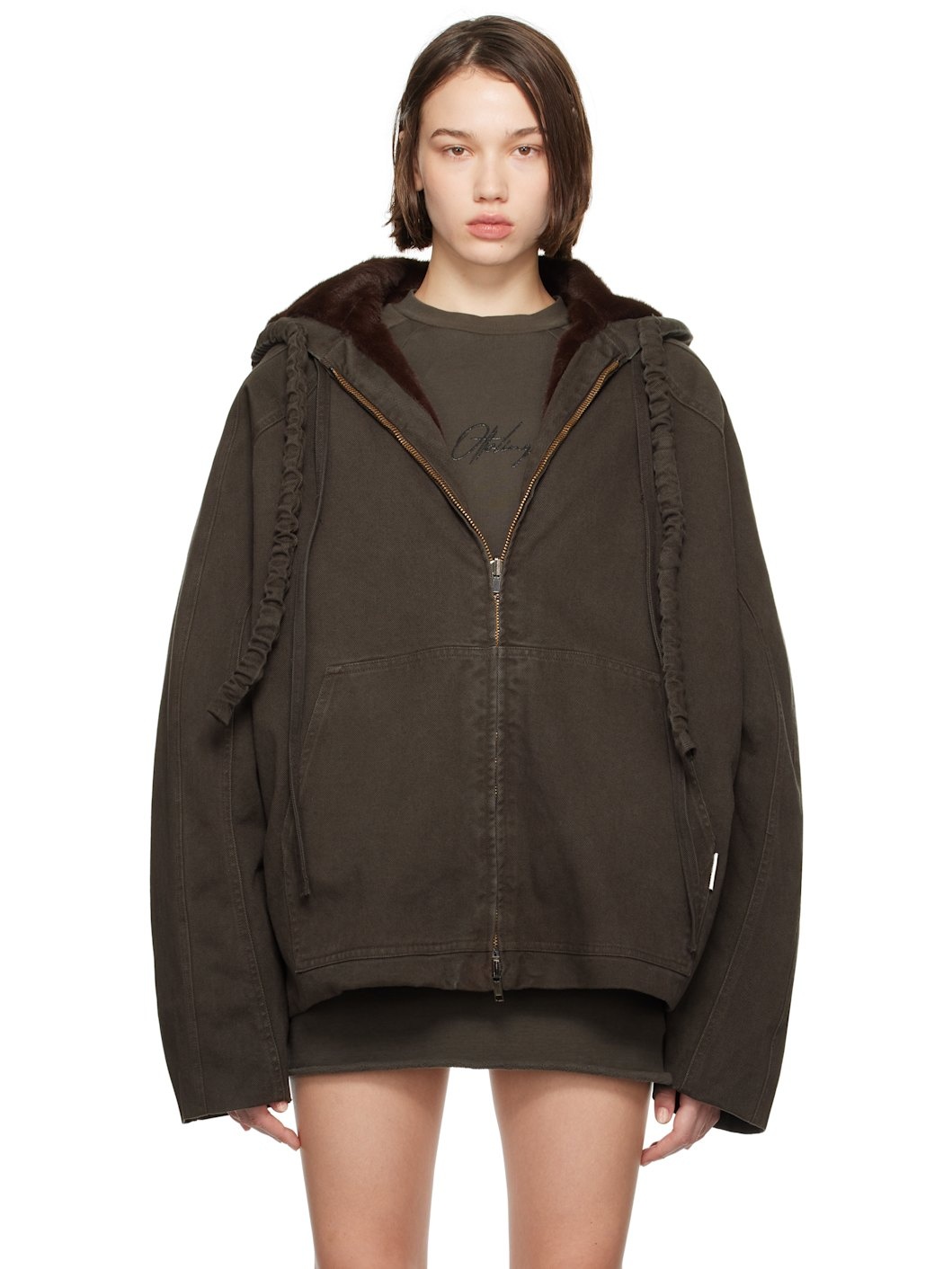 Brown Furry Denim Reversible Jacket - 1