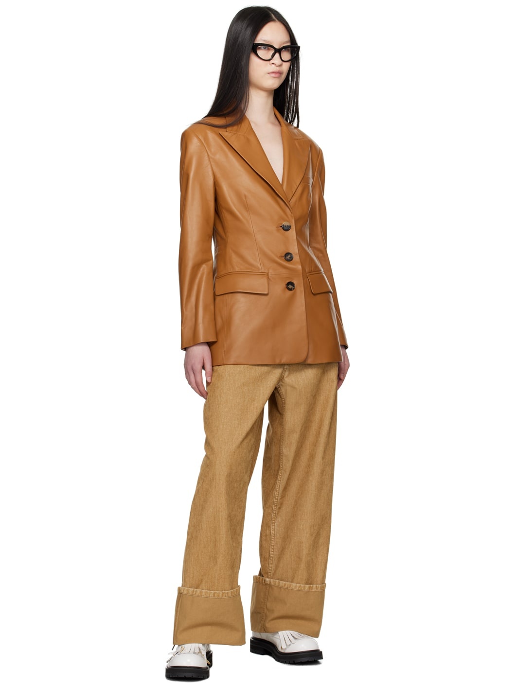 Brown Peaked Lapel Leather Jacket - 4