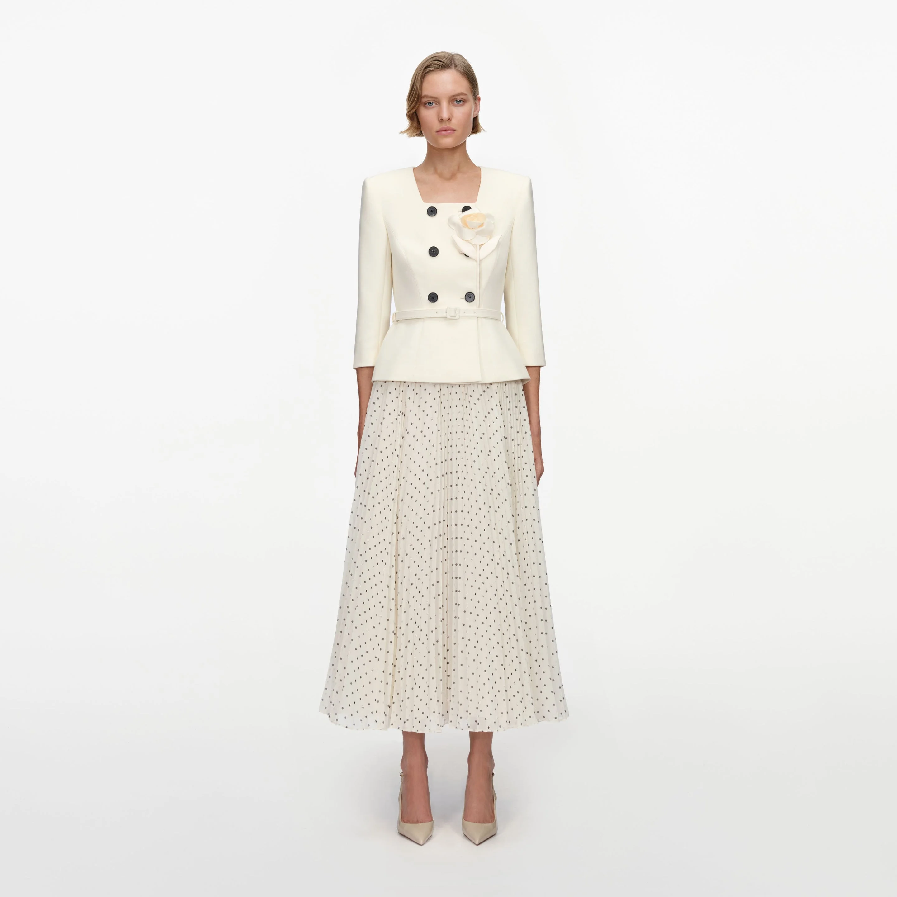 Cream 3D Flower Polka Dot Chiffon Midi Dress - 1
