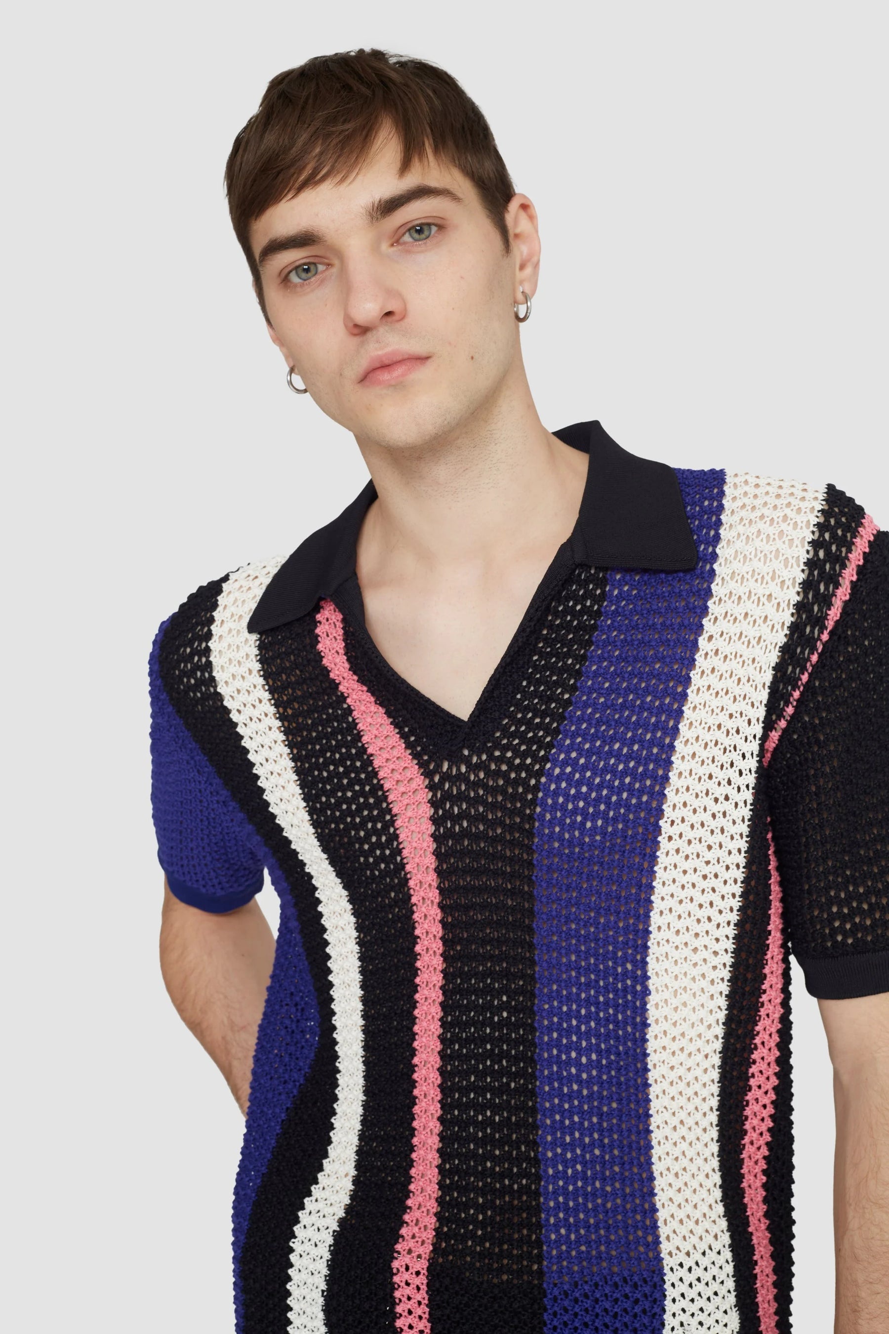 Short Sleeve Stripe Pointelle Polo Shirt - 2
