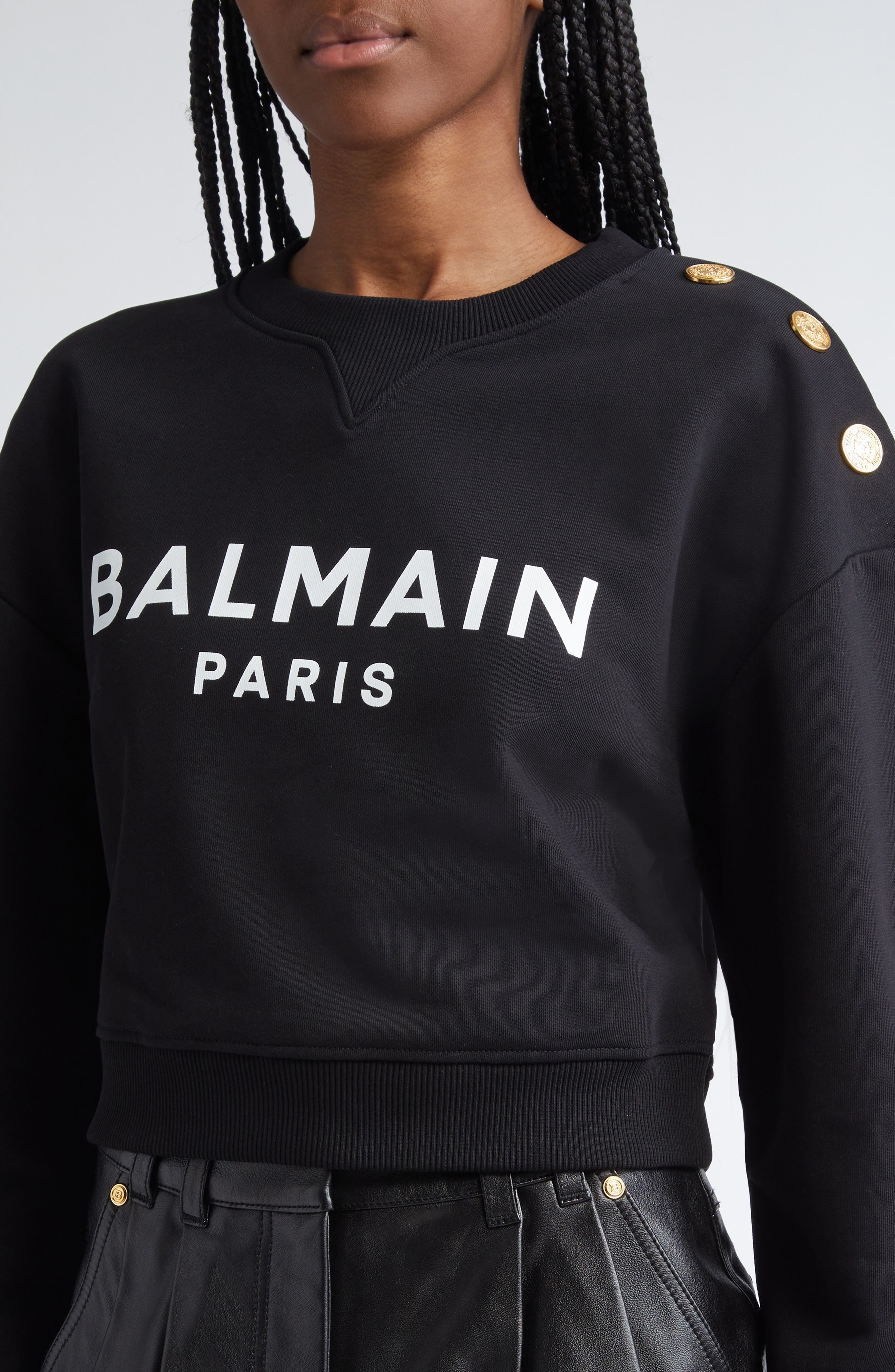 Balmain Crop Logo Graphic Sweatshirt in Eab Black/White at Nordstrom - 5