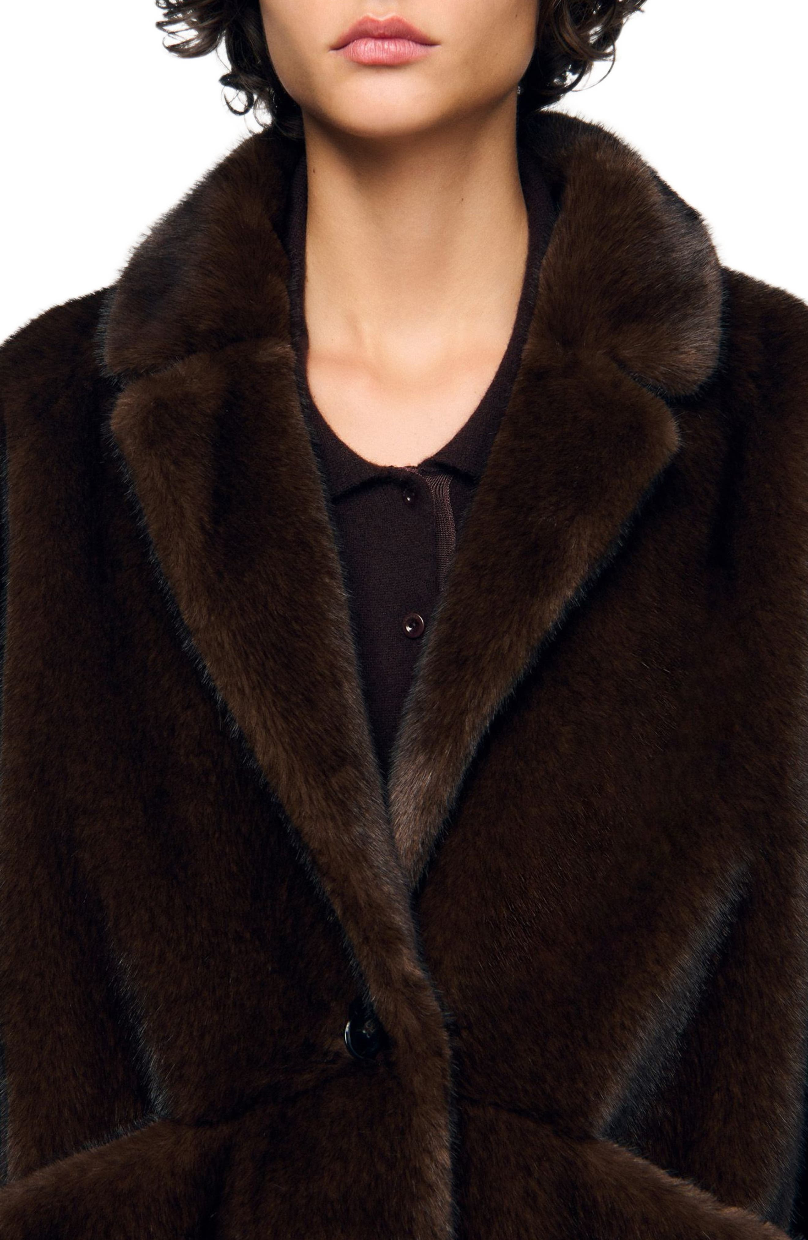 SANDRO Faux fur coat jacket in Black Brown at Nordstrom - 4