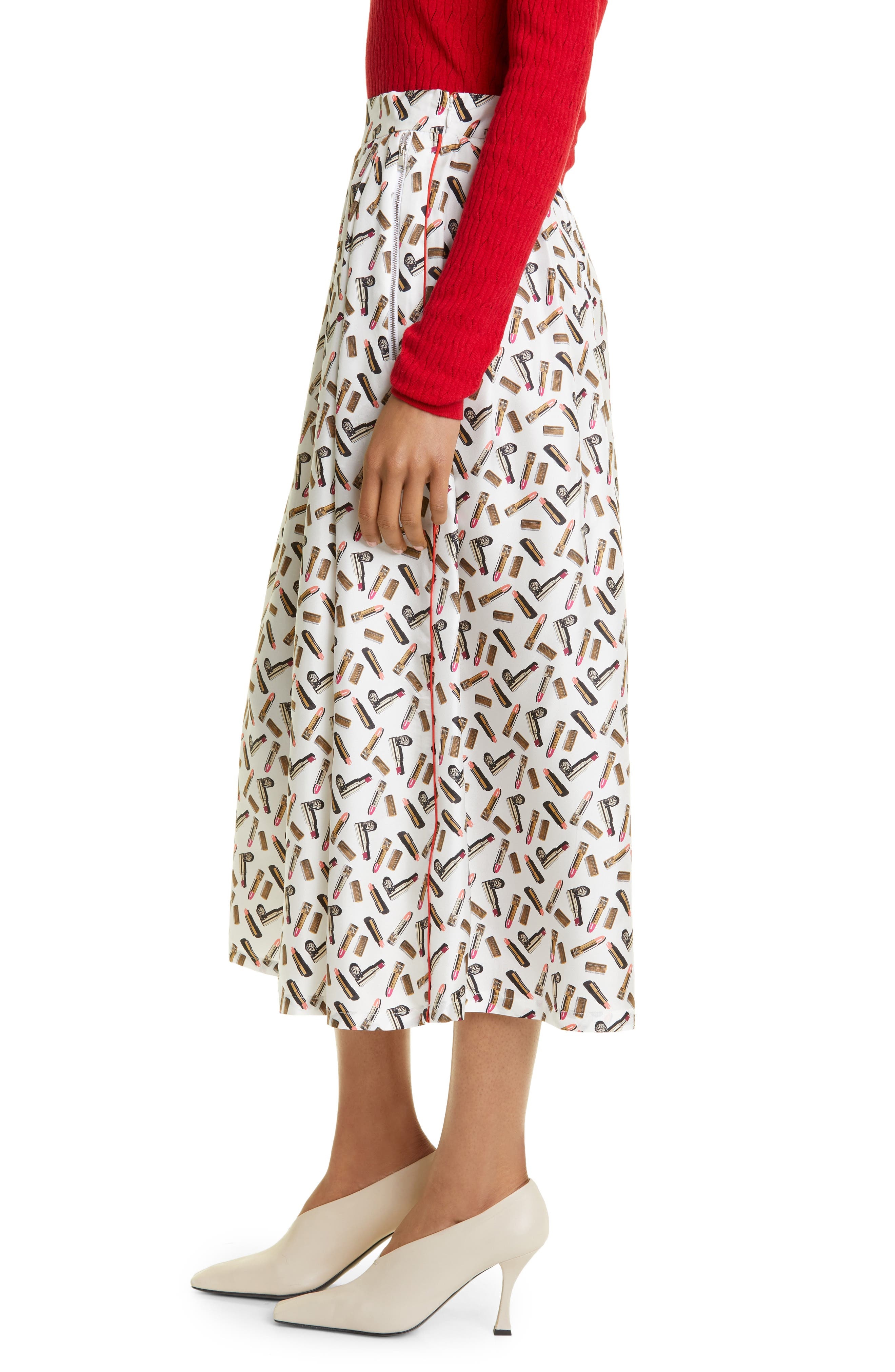 Max Mara Rotondo Lipstick Print Silk Skirt in White Black at Nordstrom, Size 4 - 4