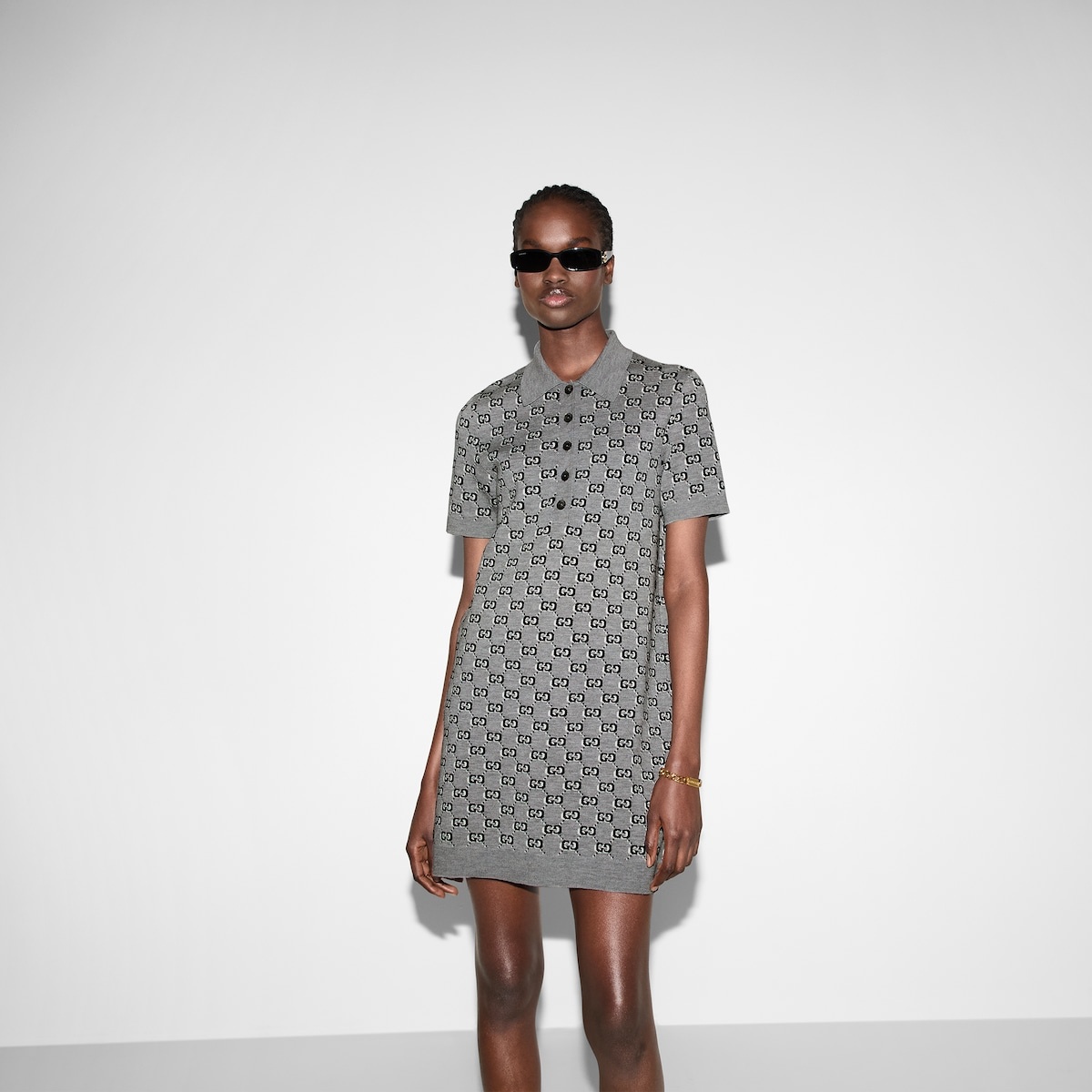 Wool jacquard polo dress with GG Shadow - 3