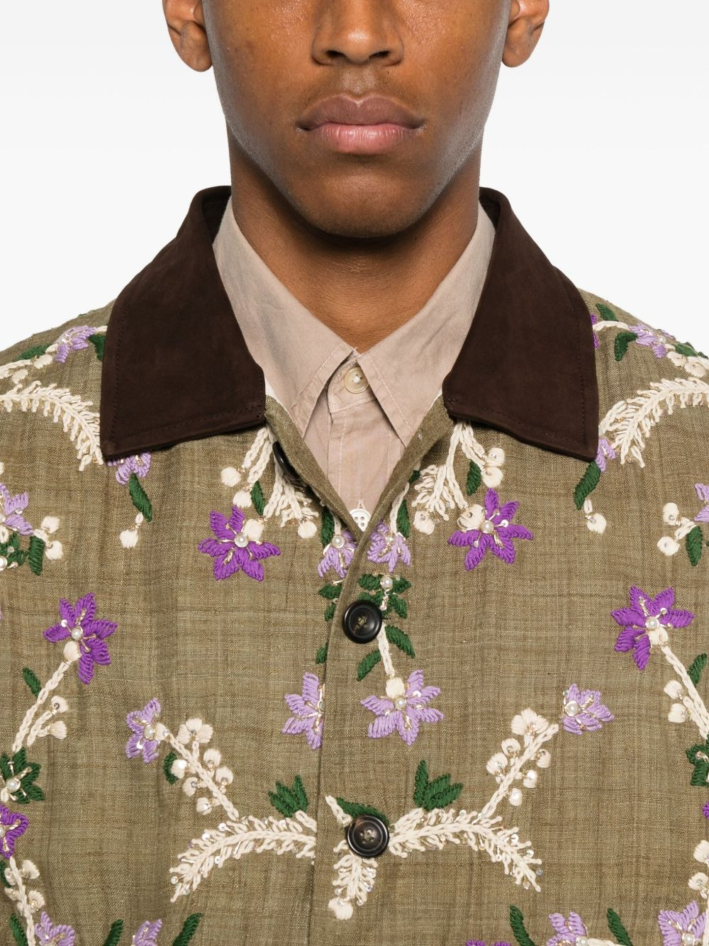 floral-embroidered suede-collar jacket - 5