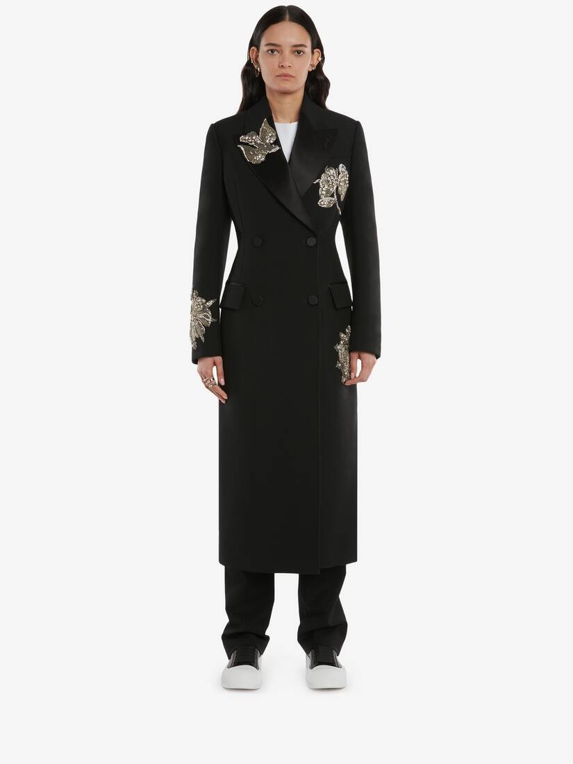 Embroidered Double Breasted Coat in Black - 2