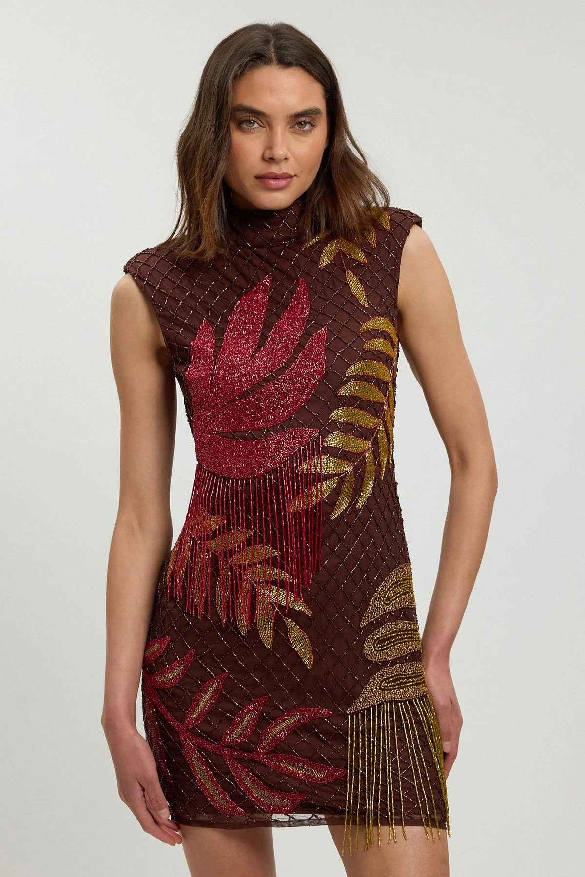 Petite Tropical Bead Detail Mini Dress - 1