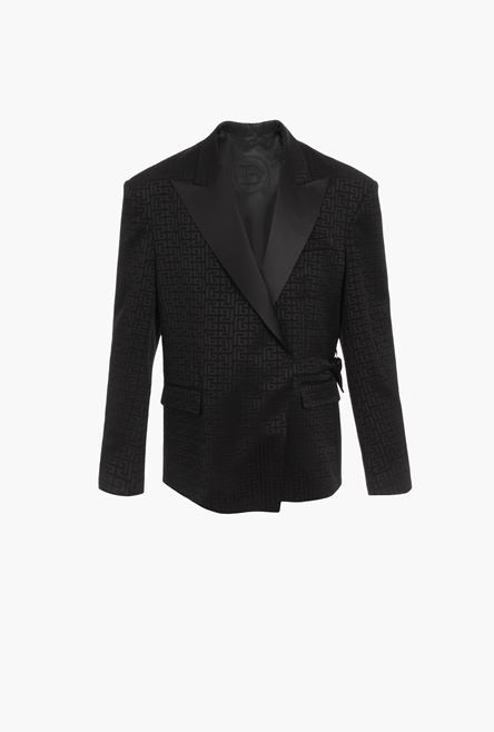 Asymmetrical black crepe blazer with Balmain monogram - 1