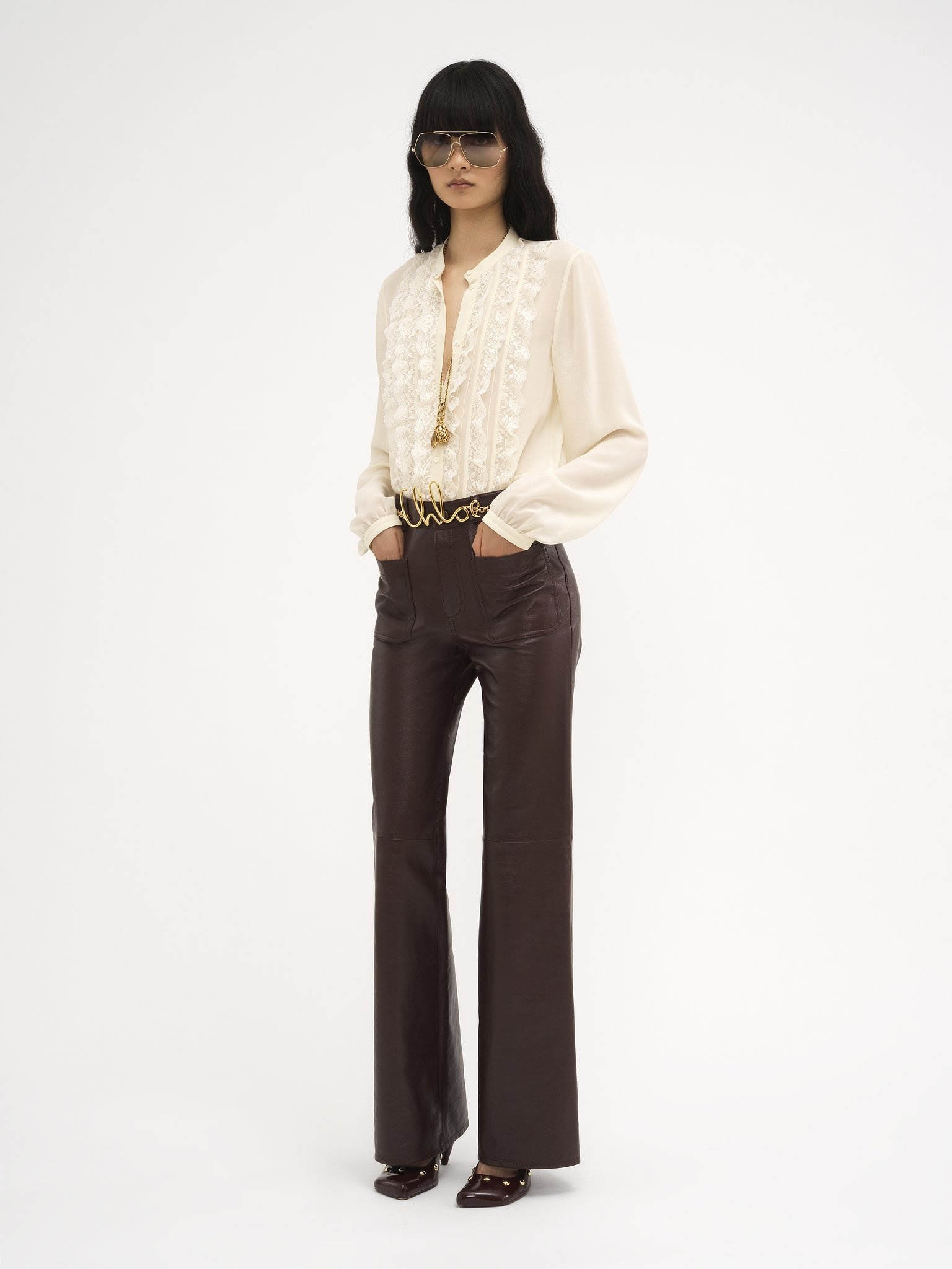 COLLARLESS RUFFLED BLOUSE IN SILK GEORGETTE - 3