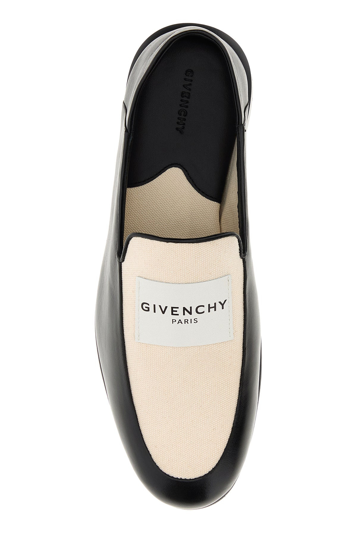 Two-tone leather and canvas Label loafers - 4