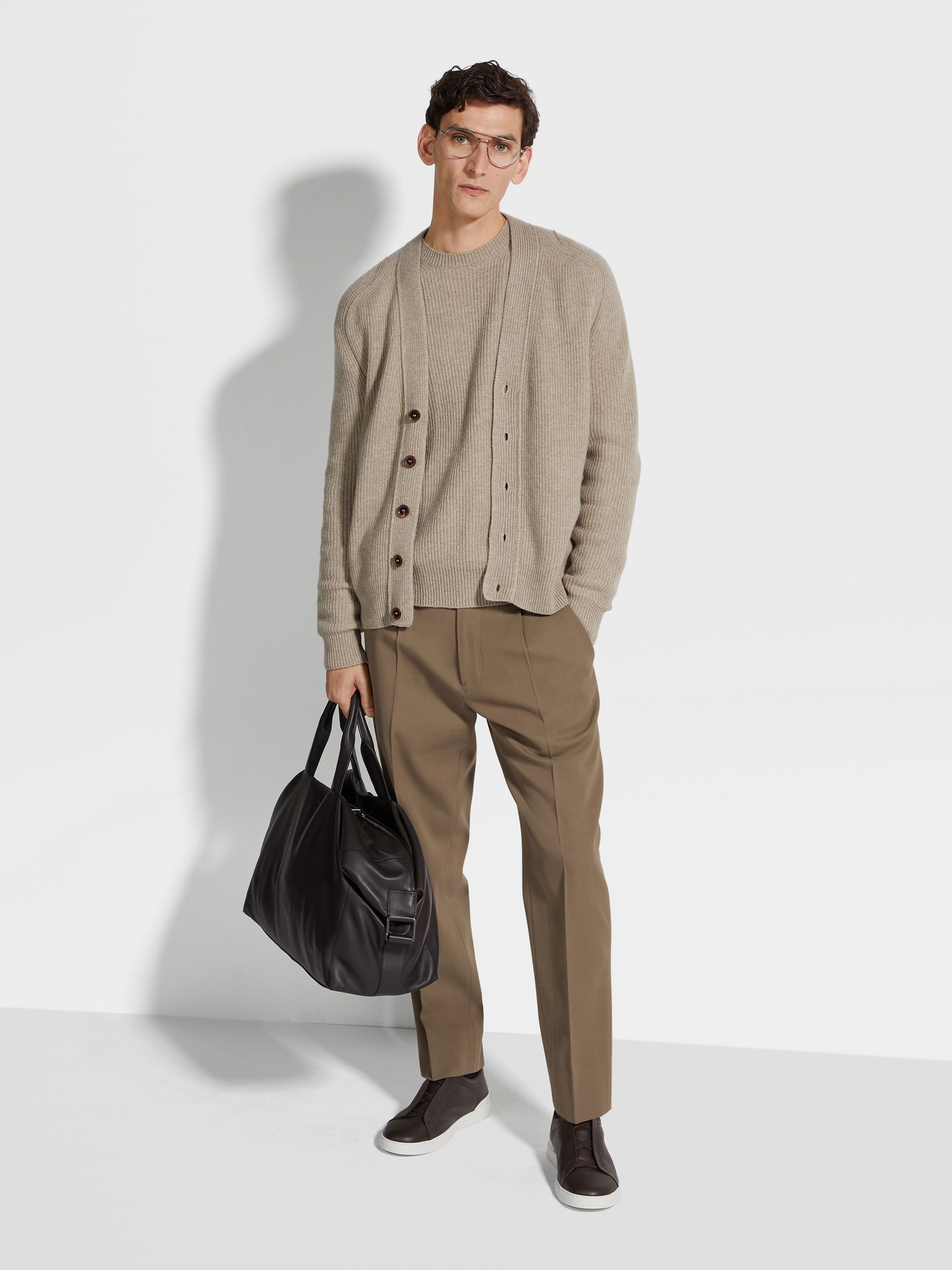 KHAKI COTTON AND WOOL PANTS - 3