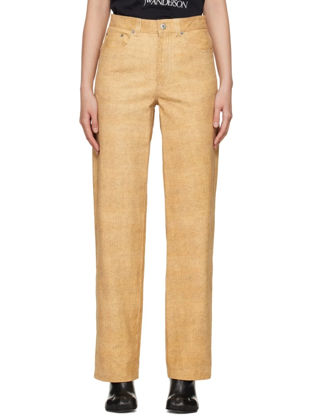 Beige Straight-Fit Leather Pants - 1