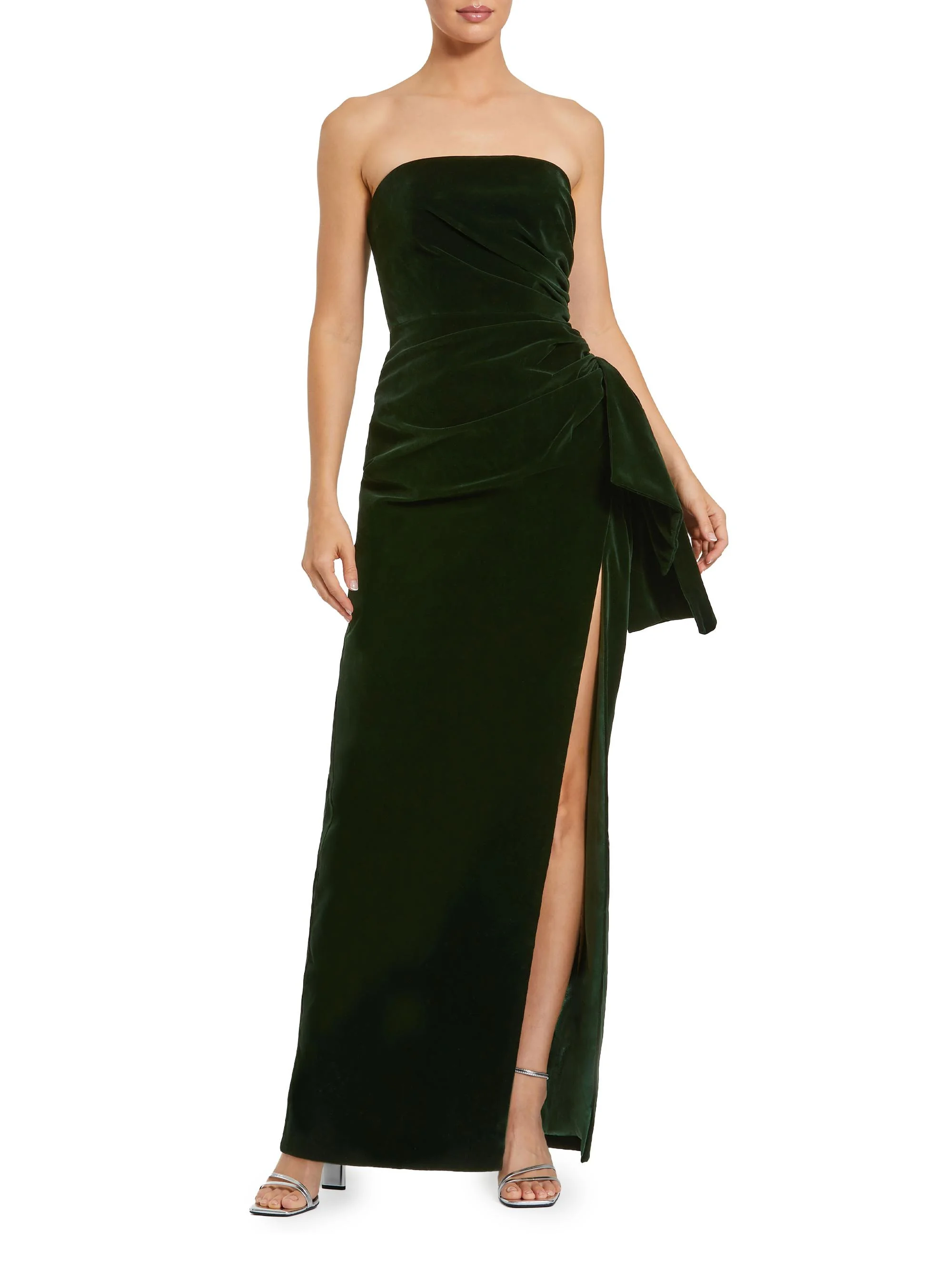 Women's Draped Velvet Strapless Bow Hip Gown - Olive - 1