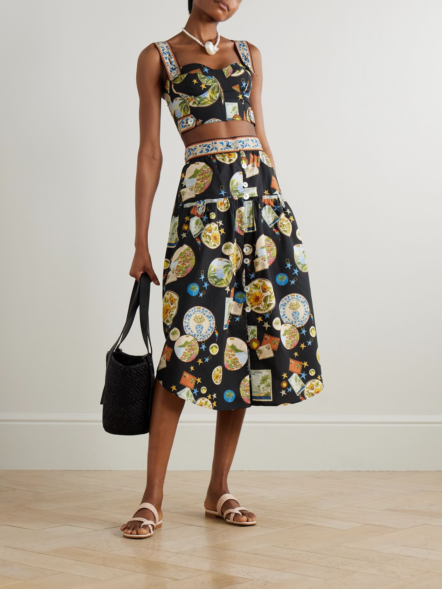 Printed cotton midi skirt Black - 2