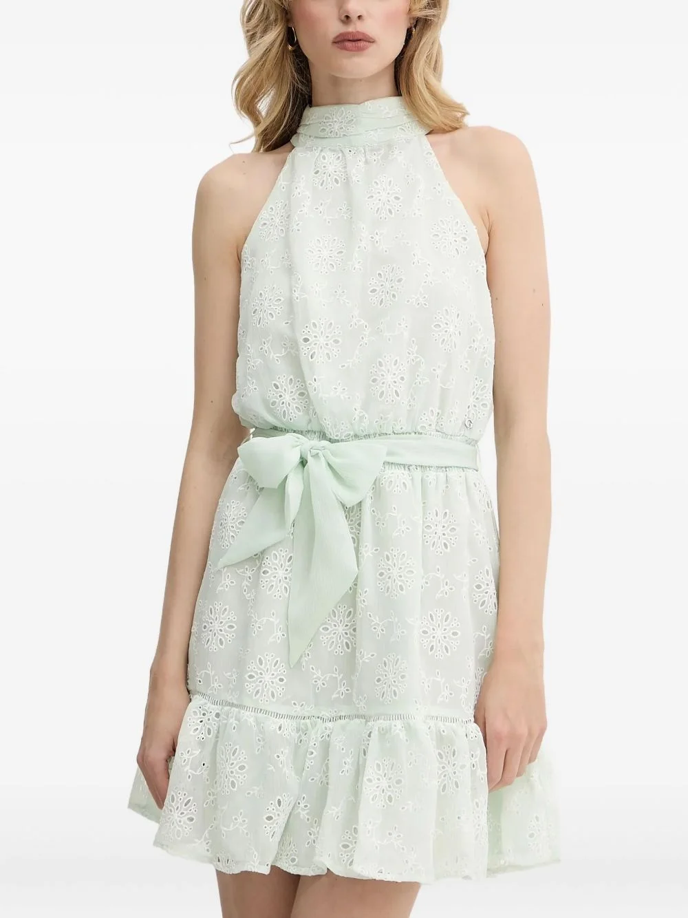 eyelet-embroidered halterneck mini dress - 1