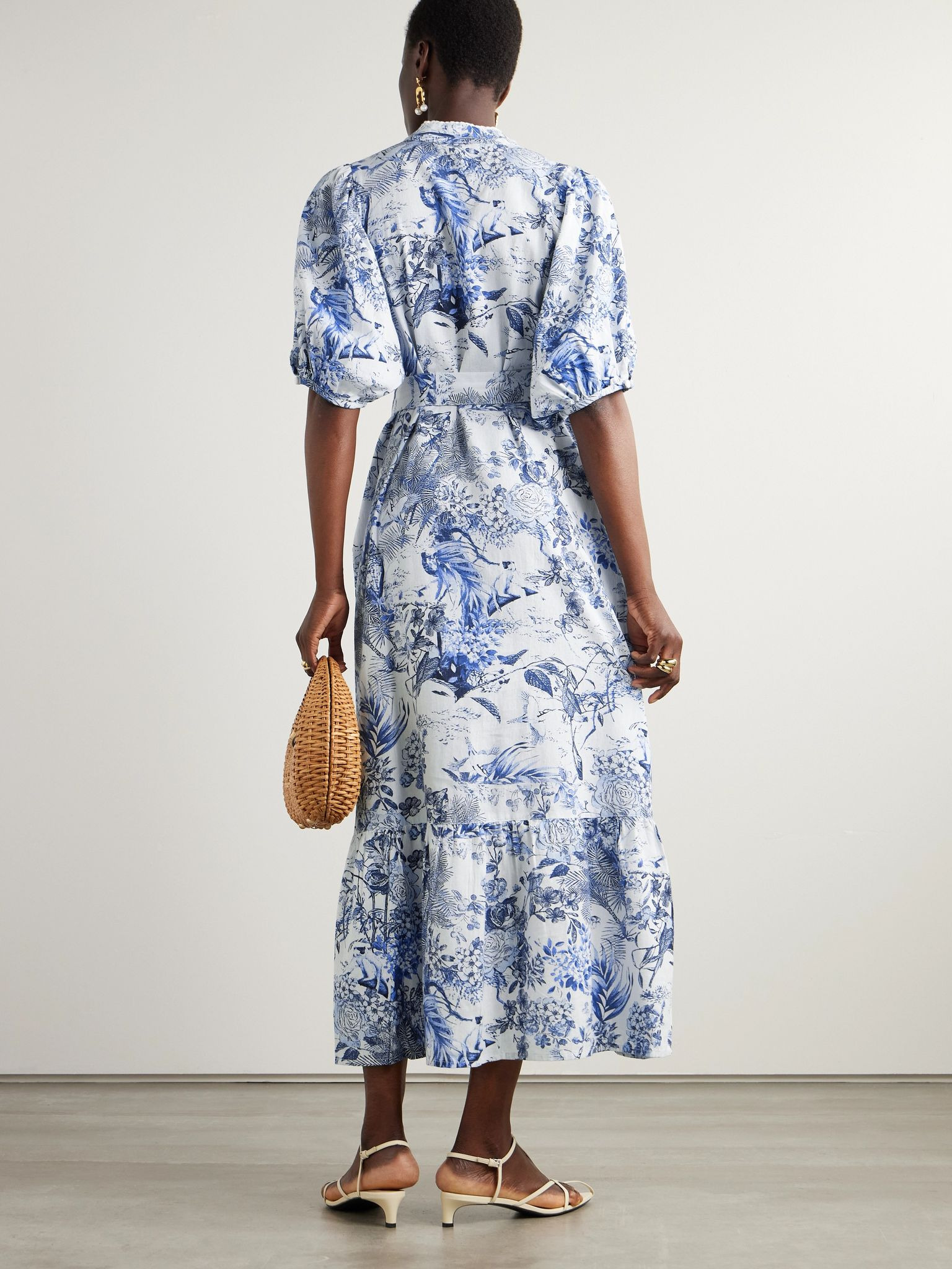 Kitty belted printed cotton and linen-blend midi dress Blue - 3