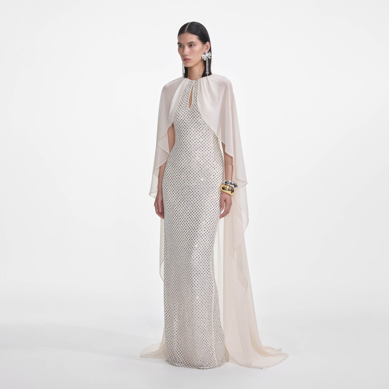 Cream Rhinestone Cape Maxi Dress 2