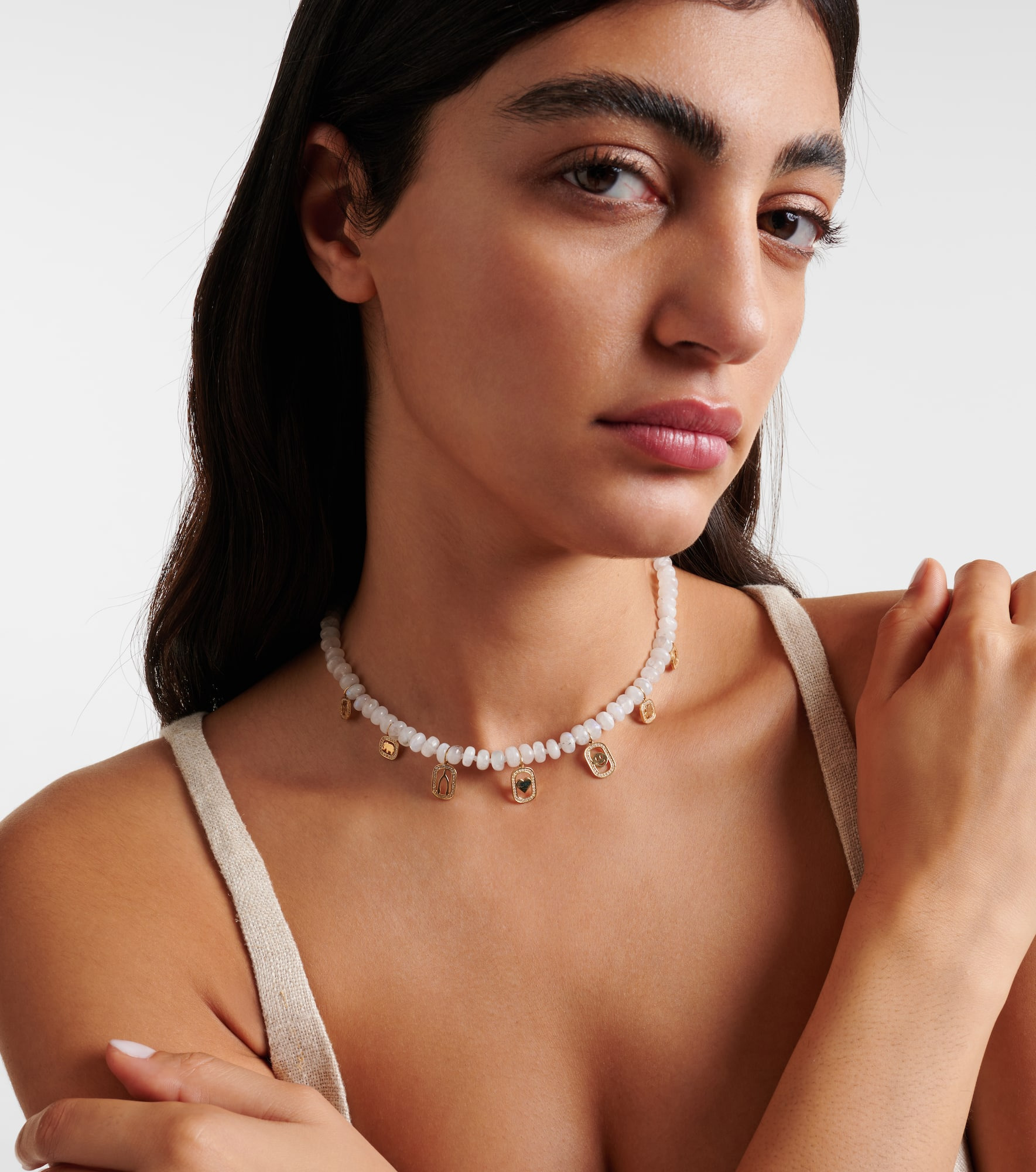 Multi-charm 14kt gold necklace with moonstone and diamonds - 2