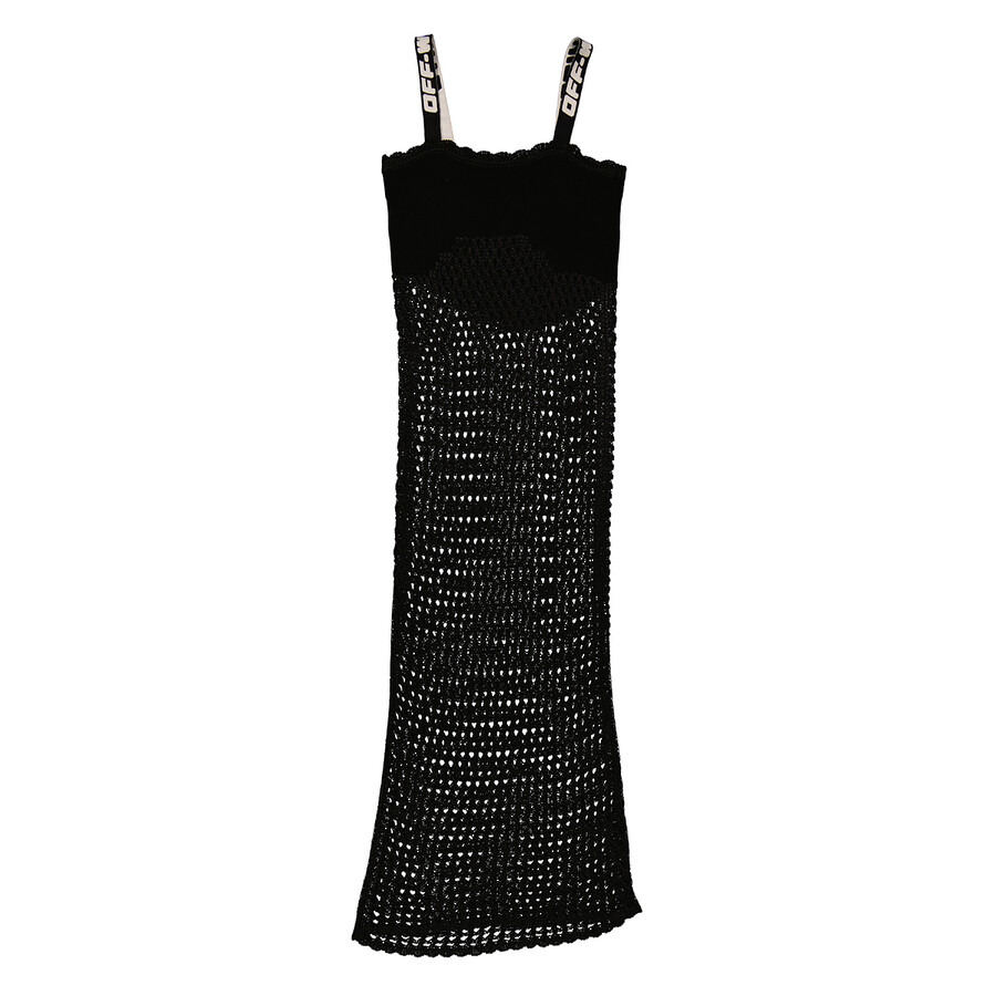 Off-White Open Knit Sleeveless Dress in Black - 5