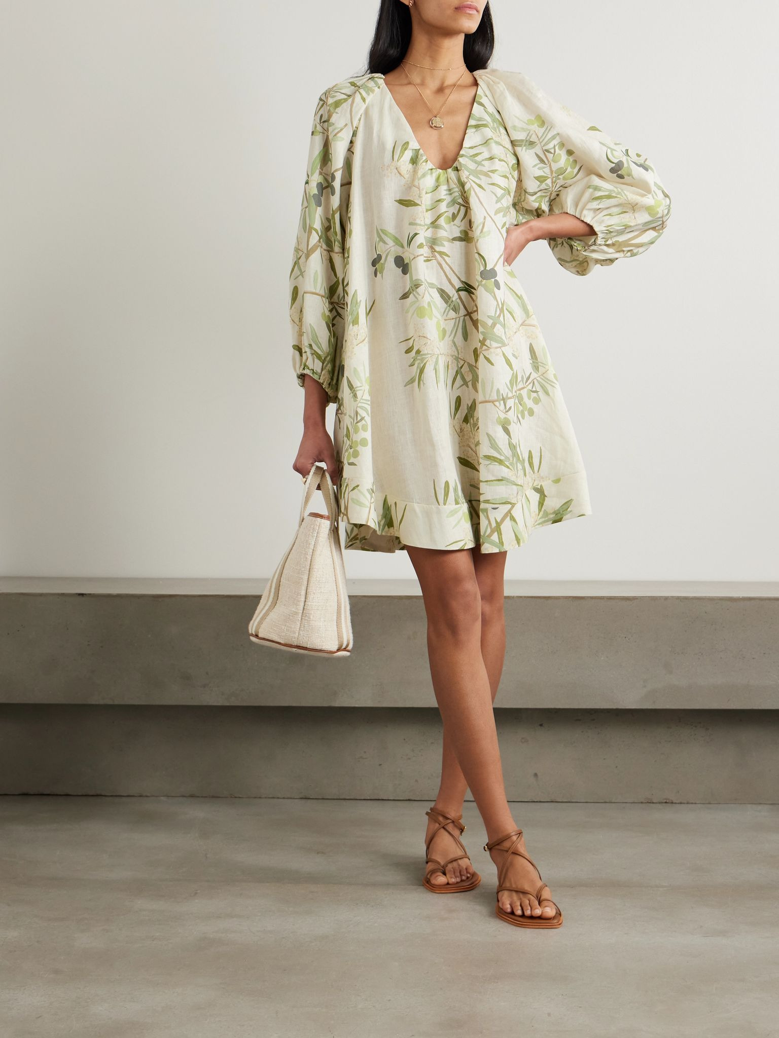 Georgette printed linen mini dress Ecru - 2