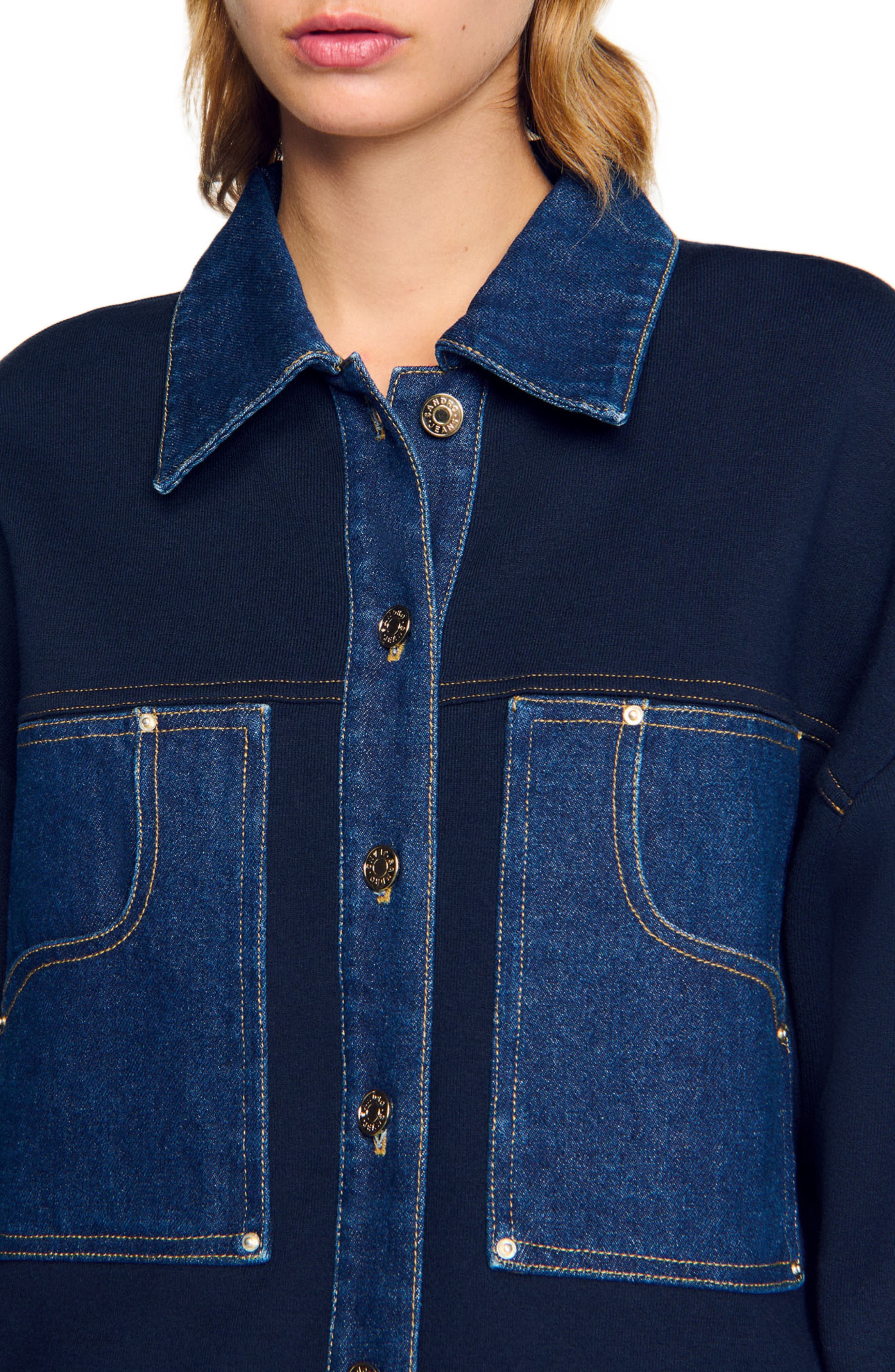 SANDRO Denim detail cardigan in Navy Blue at Nordstrom - 4