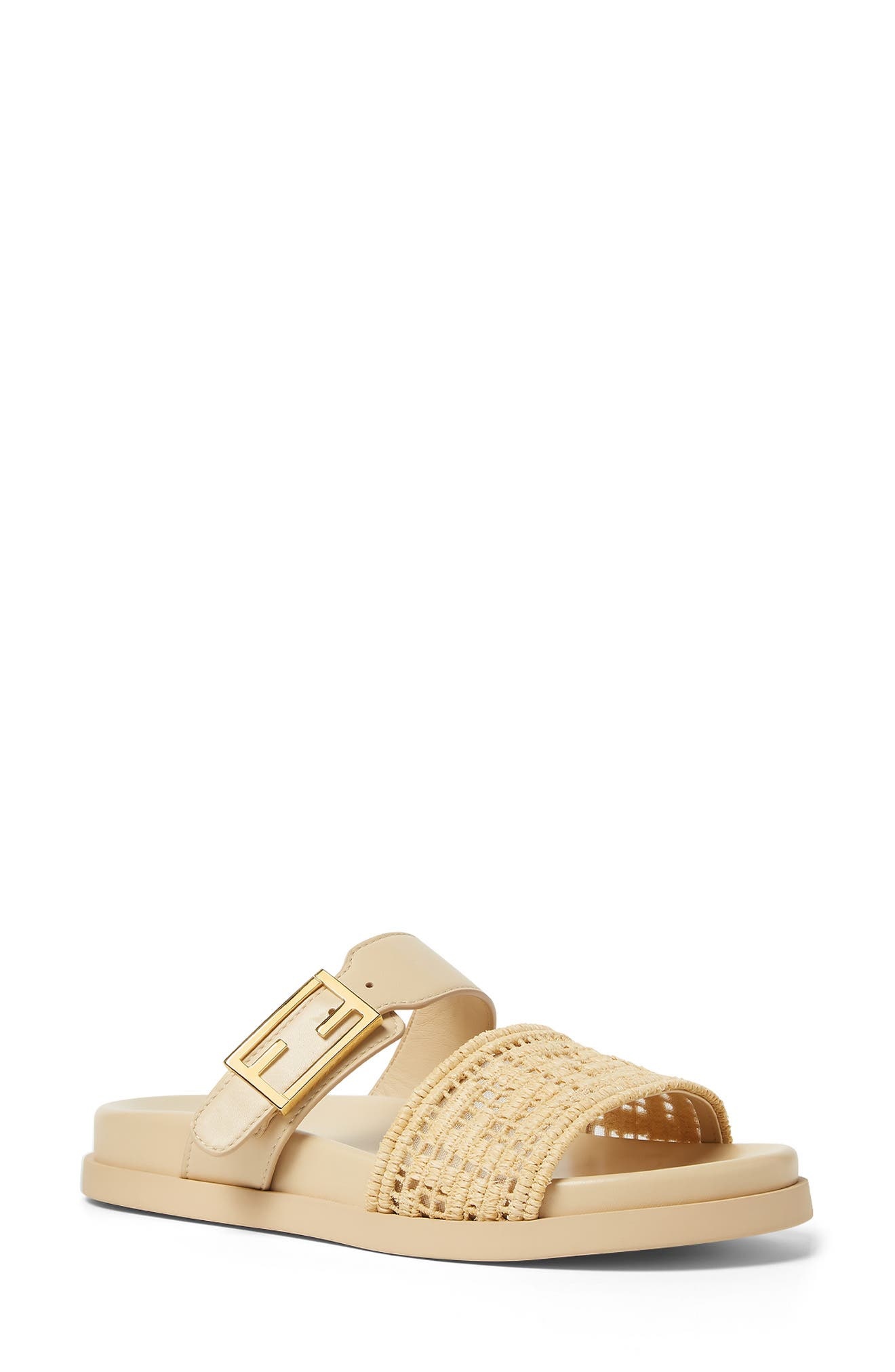 Fendi Feel FF Double Band Sandal in Beige Rafia at Nordstrom - 1