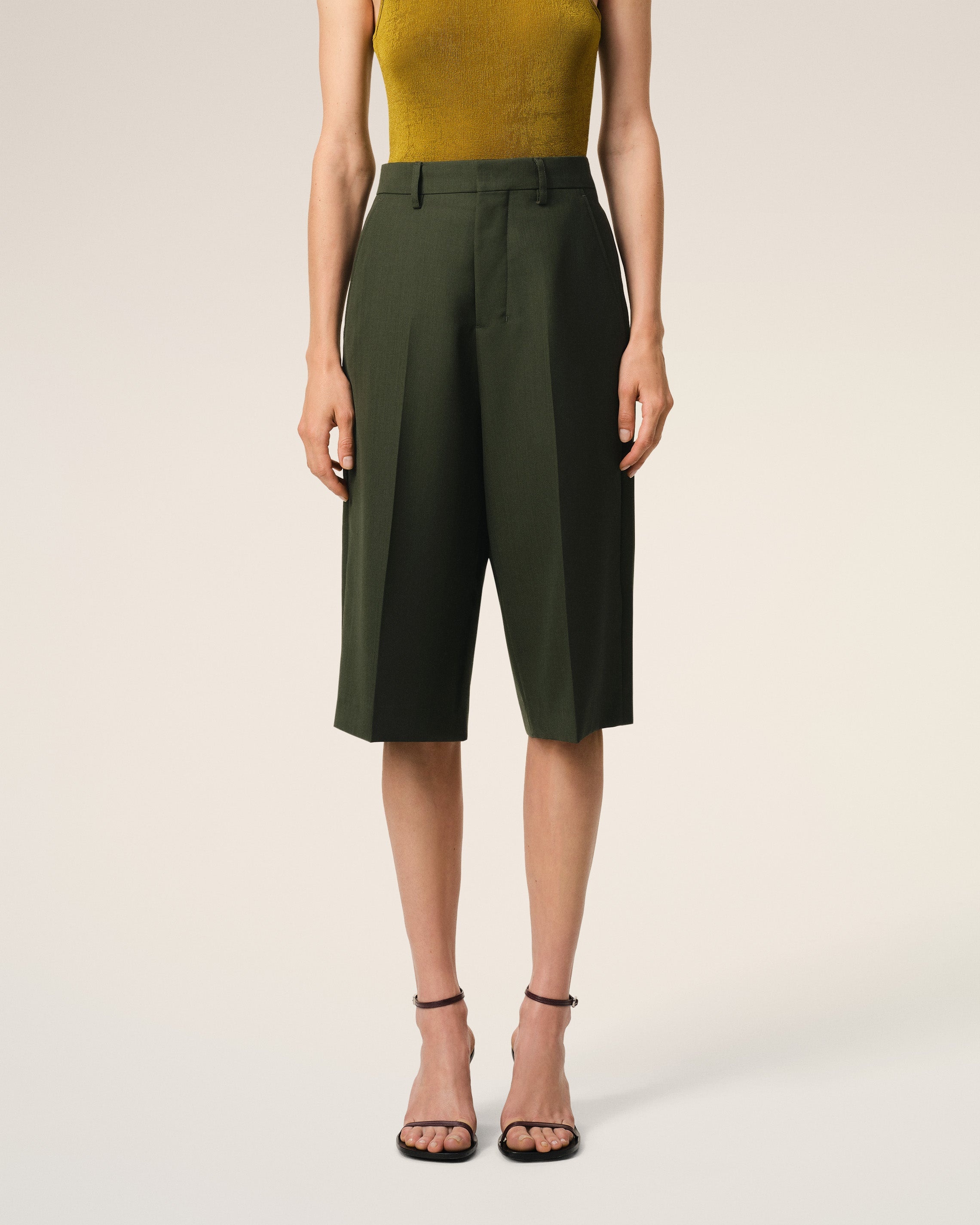 GREEN WOOL WIDE BERMUDA - 3
