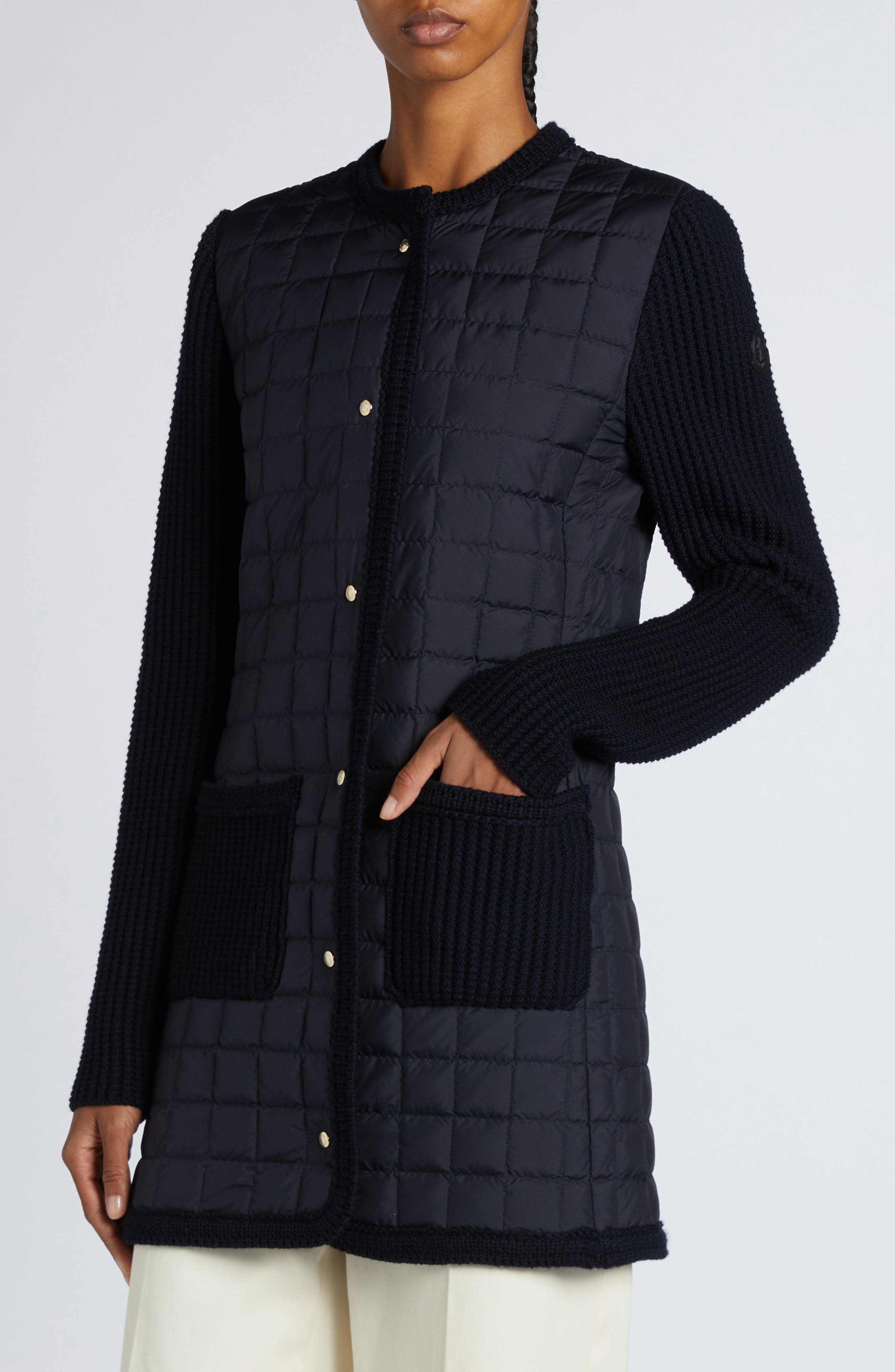 Moncler Quilted Down & Wool Knit Cardigan in Navy Blue at Nordstrom - 5