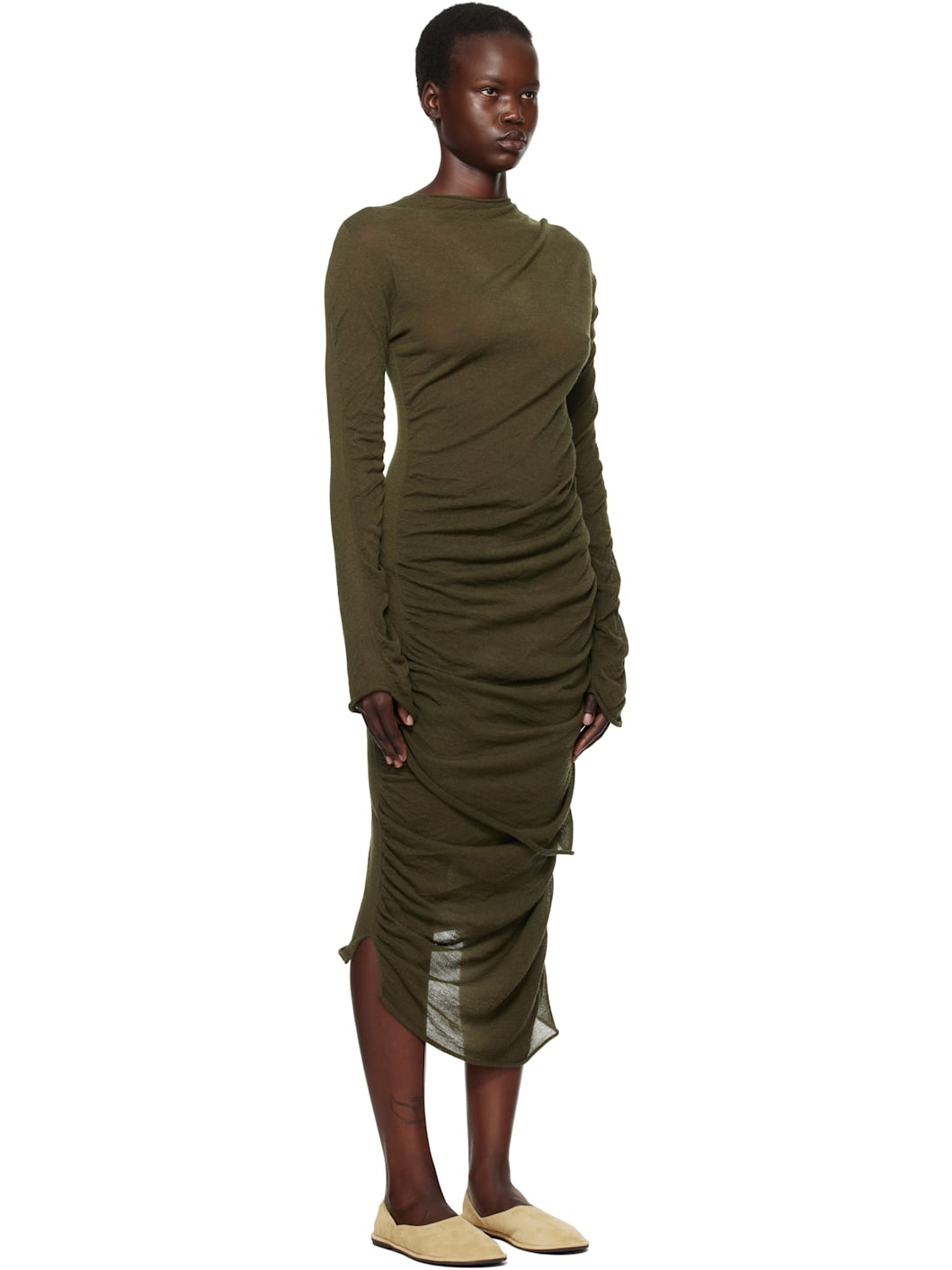 Green Ambiguous Wool Midi Dress - 2