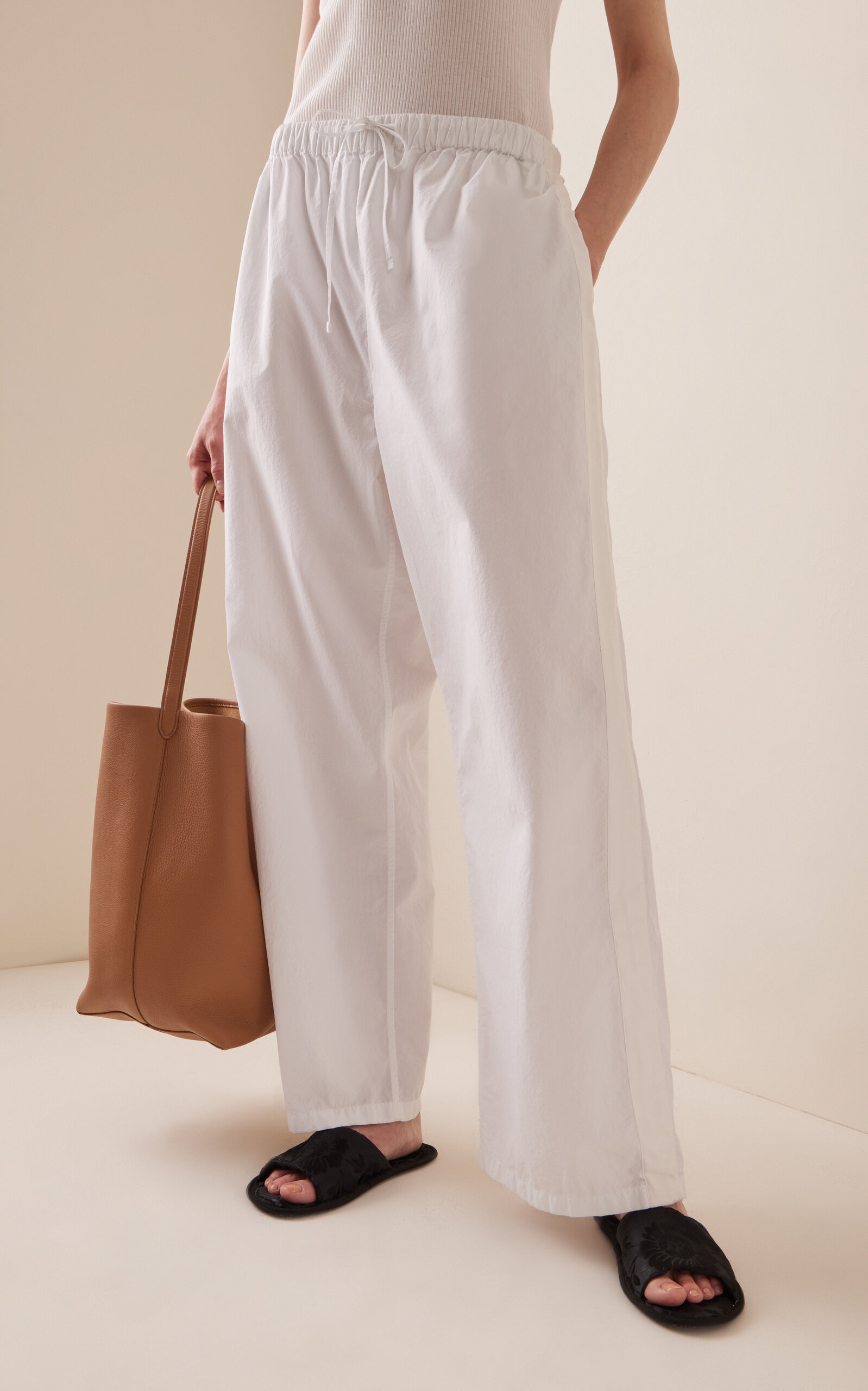 The Row Hubert Drawstring Cotton Poplin Wide-Leg Pants white