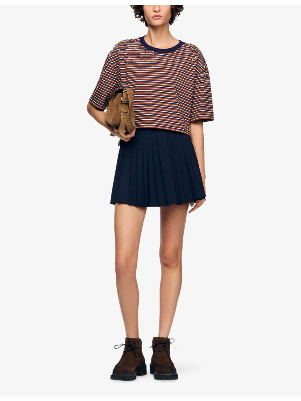 Rhinestone-Embellished Striped Boxy Cotton T-Shirt - 2
