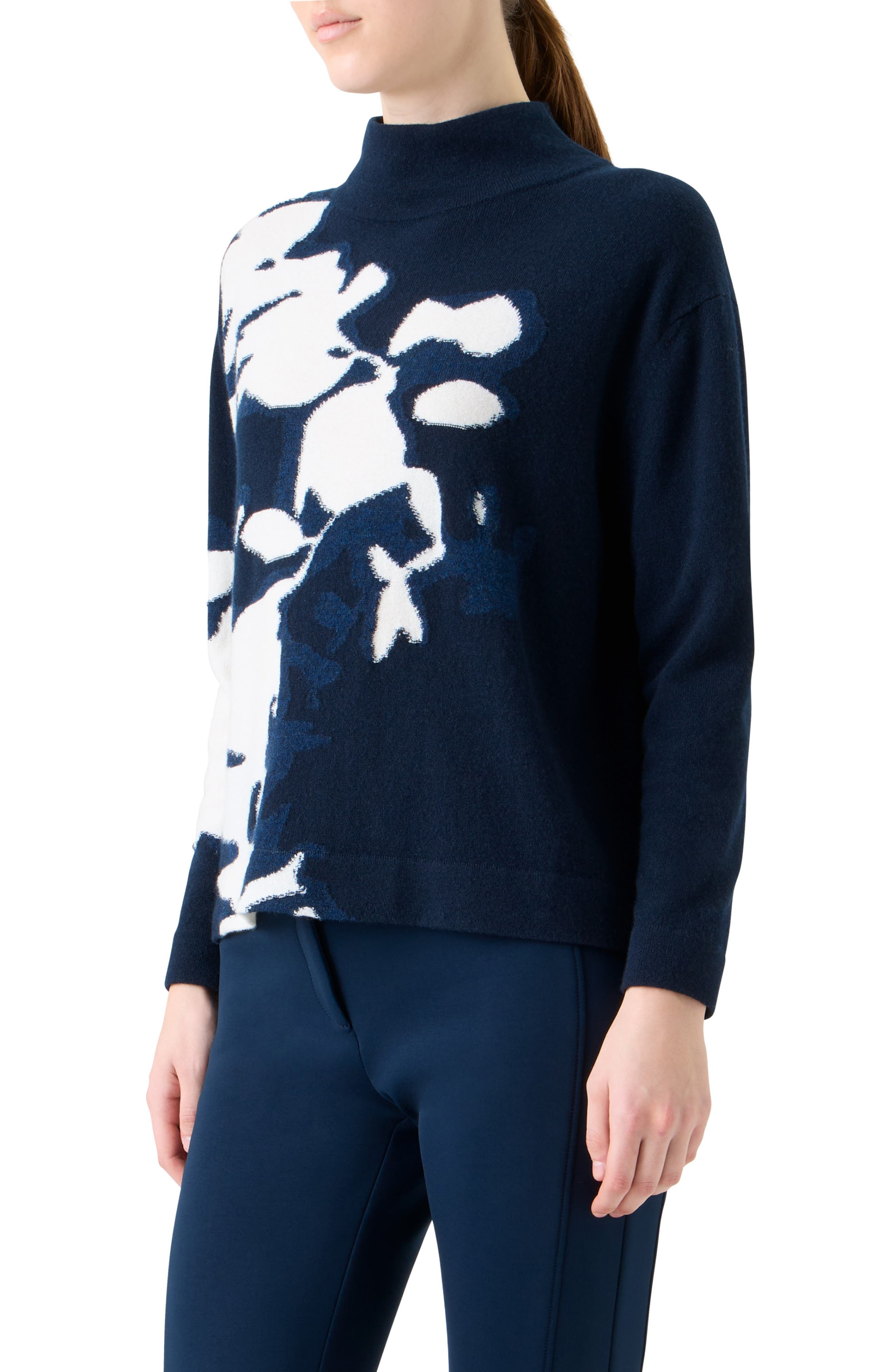 Akris Wildflower Intarsia Cashmere Mock Neck Sweater in Navy-Ecru at Nordstrom - 3