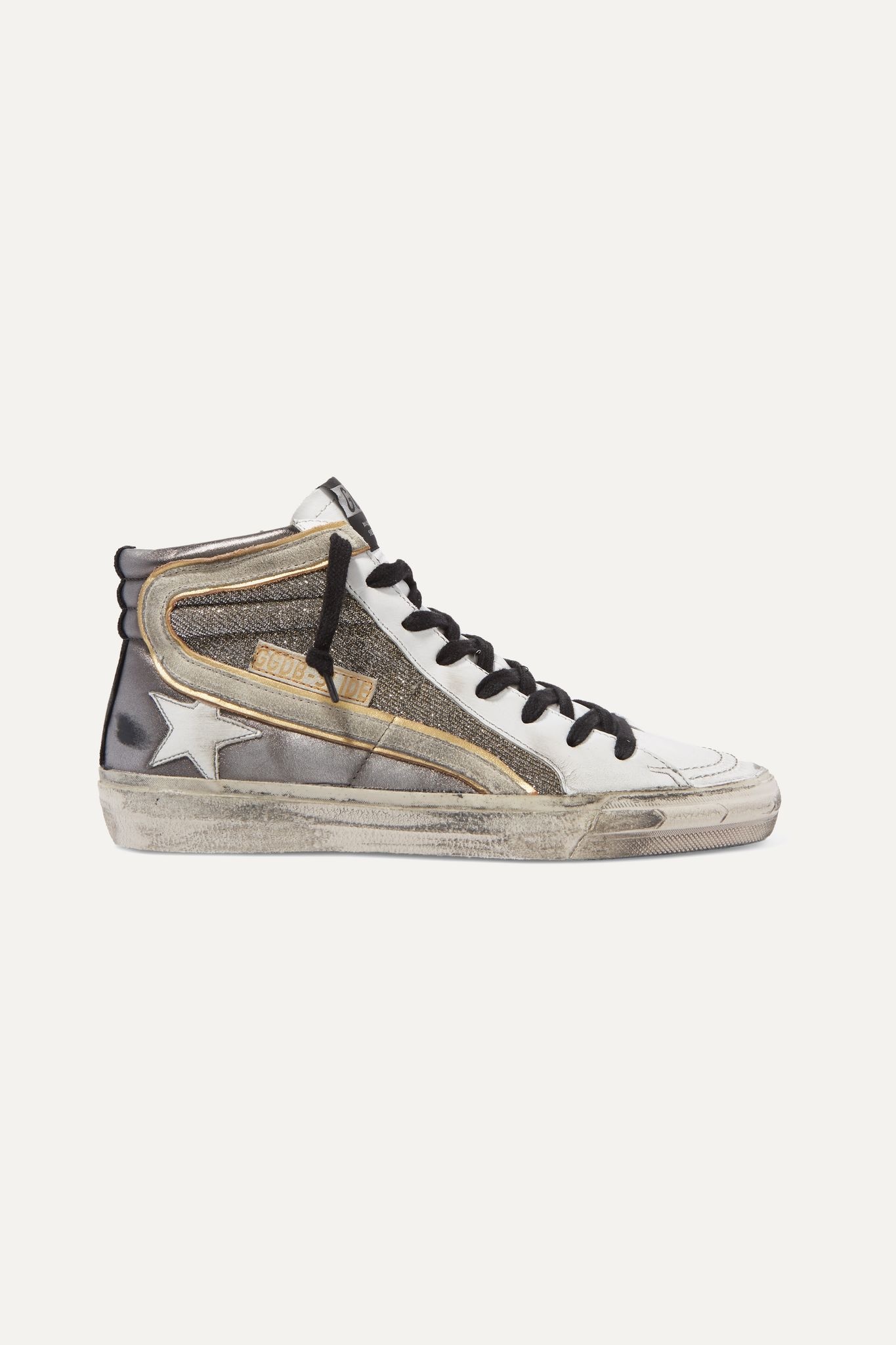 Slide distressed suede-trimmed leather and Lurex high-top sneakers - 1