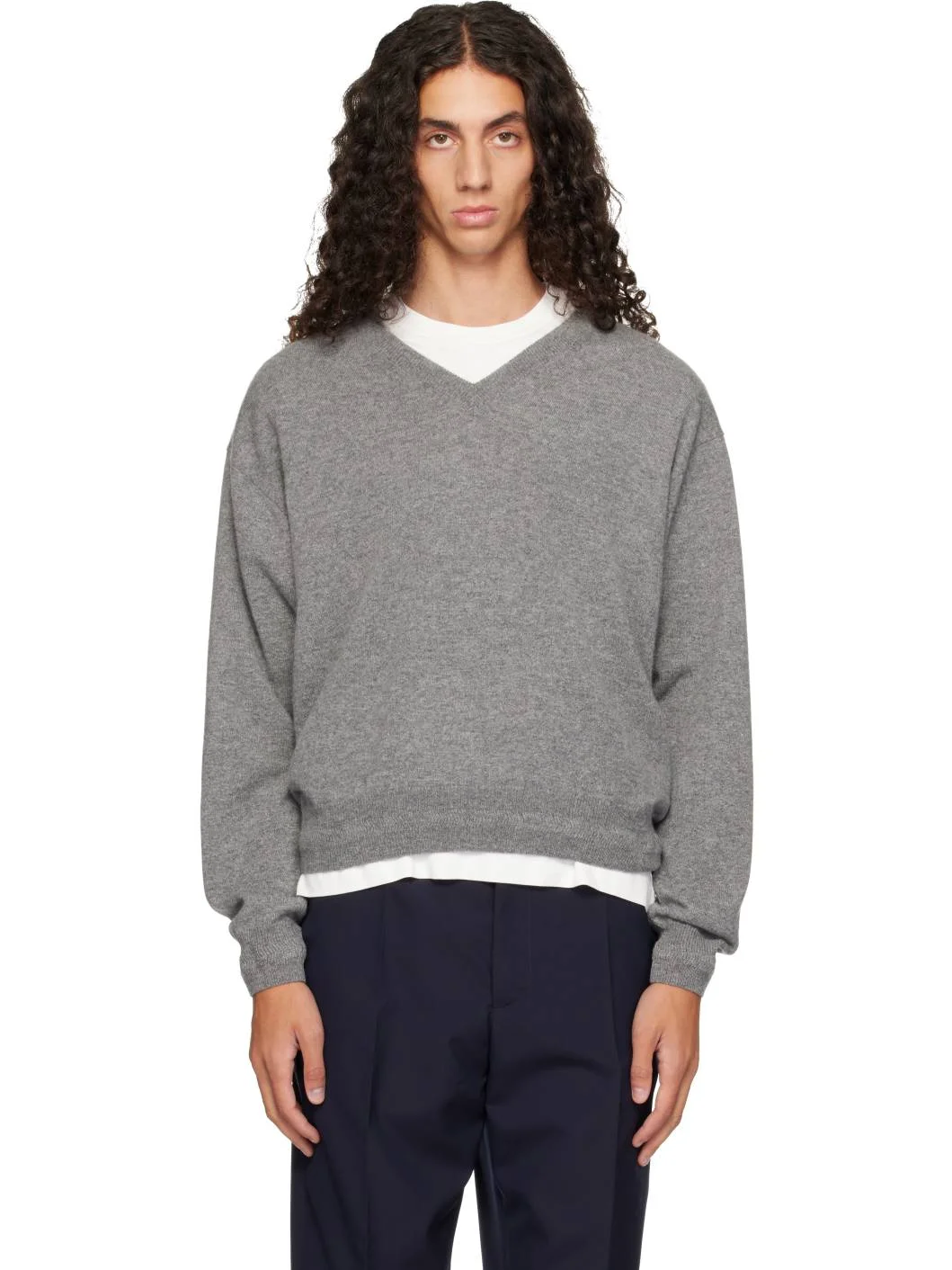 Gray LS V-Neck Sweater - 1